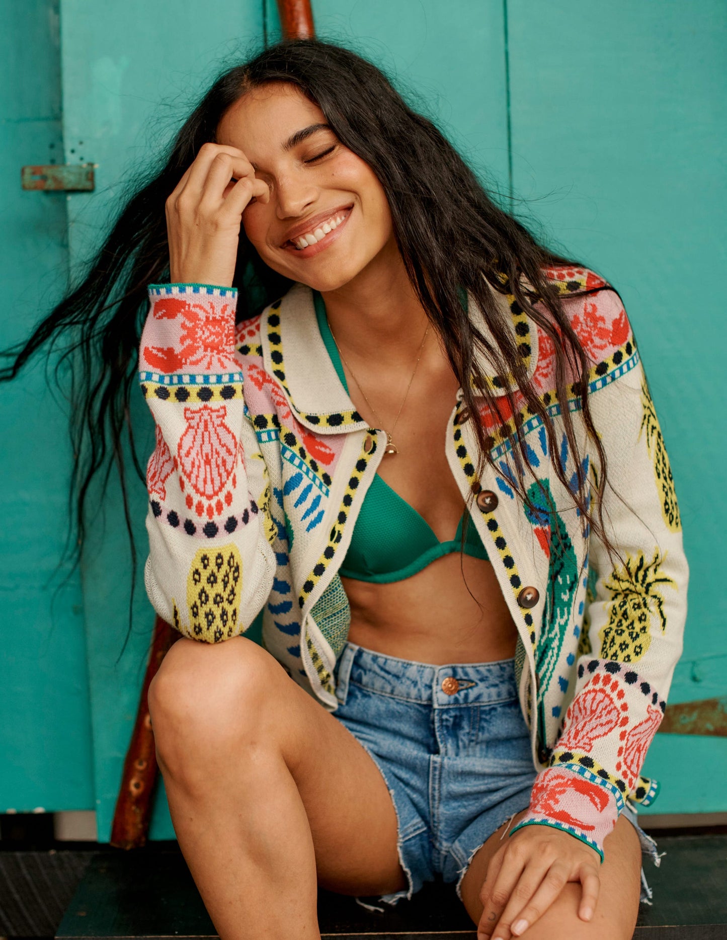 Jacquard Knitted Shacket-Warm Ivory, Tropical Bonanza