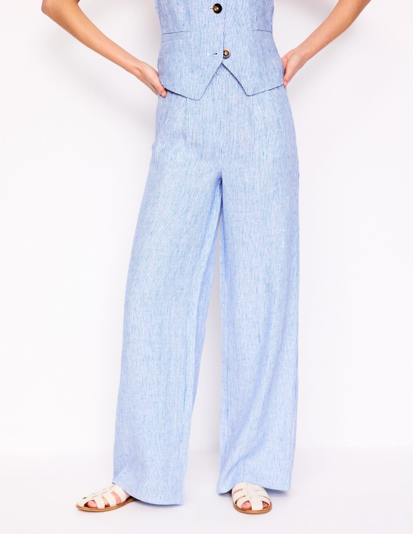Pantalon Dulwich en lin-Rayures fines bleu martin-pêcheur