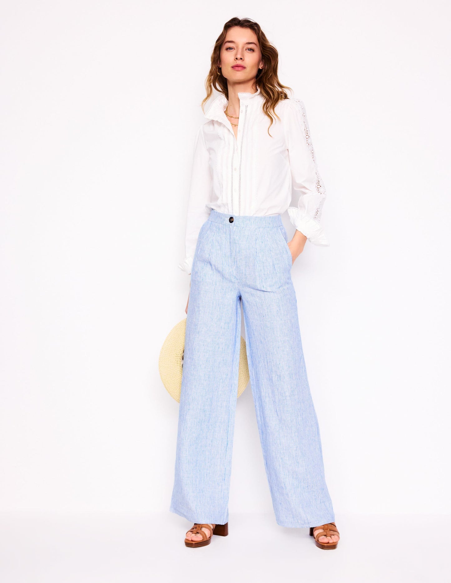 Pantalon Dulwich en lin-Rayures fines bleu martin-pêcheur
