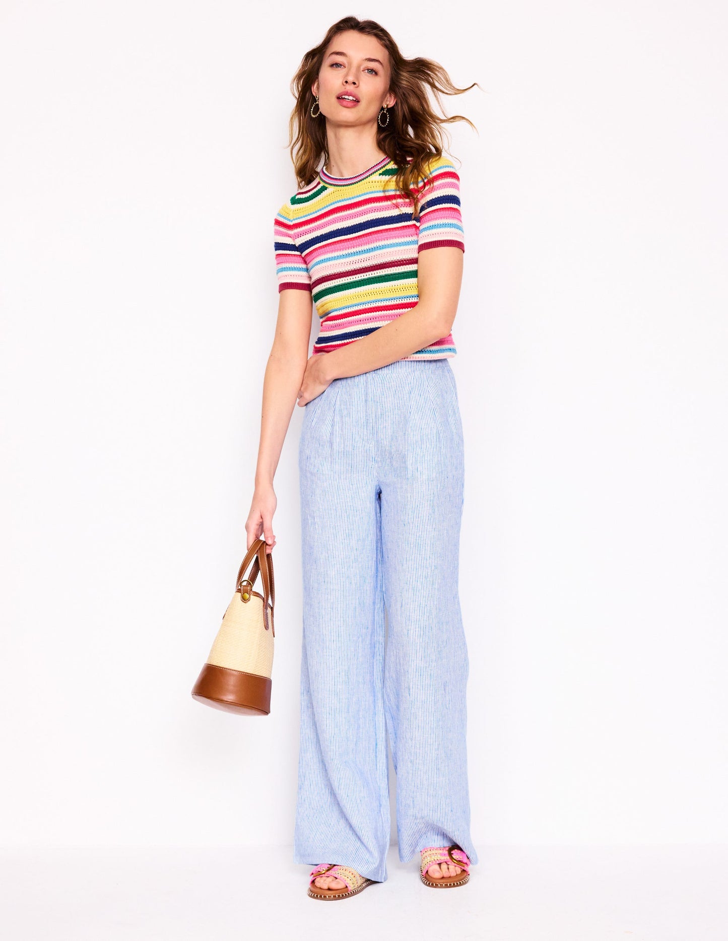 Pantalon Dulwich en lin-Rayures fines bleu martin-pêcheur