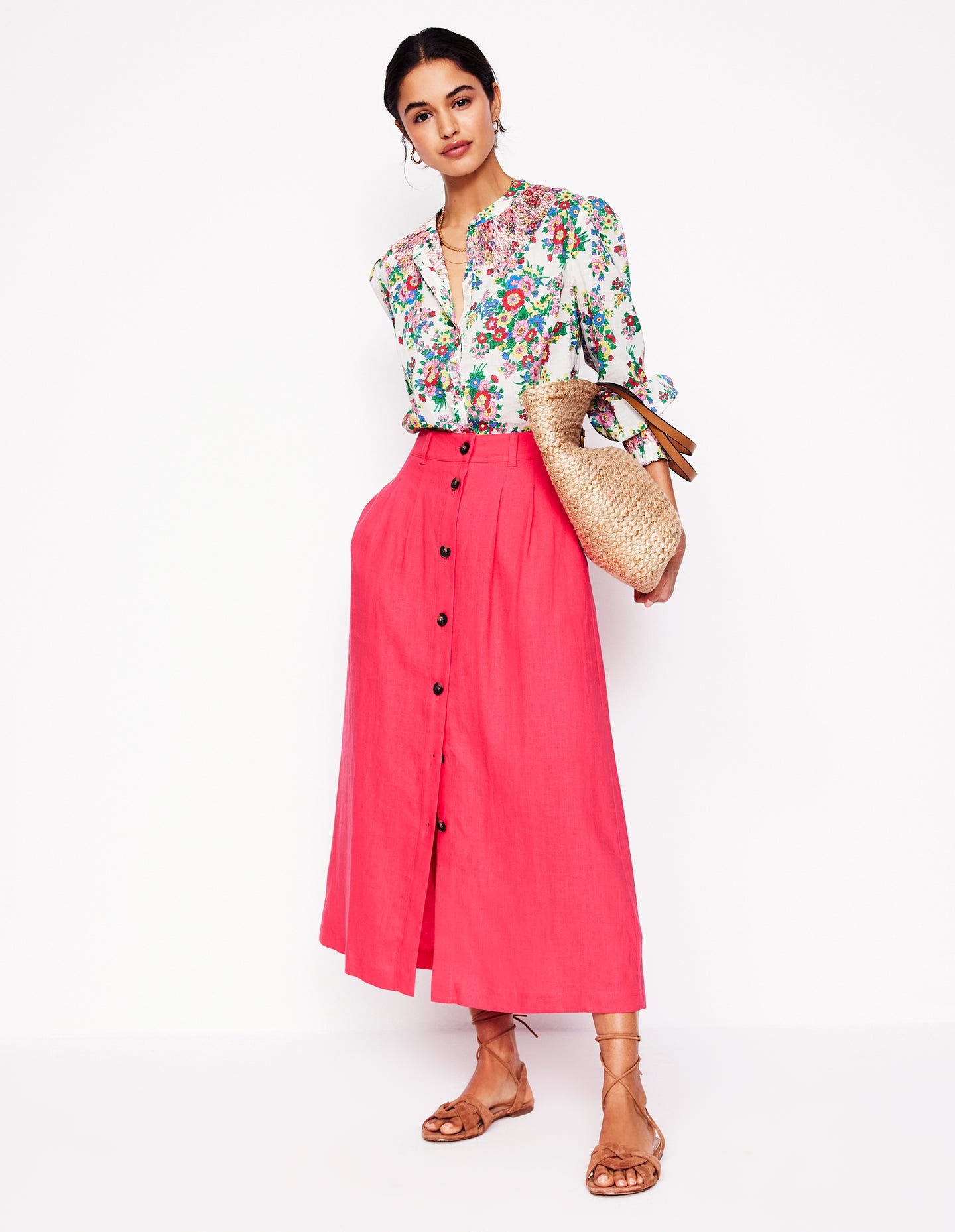 Jupe midi Thomasina en lin-Rose camélia-1