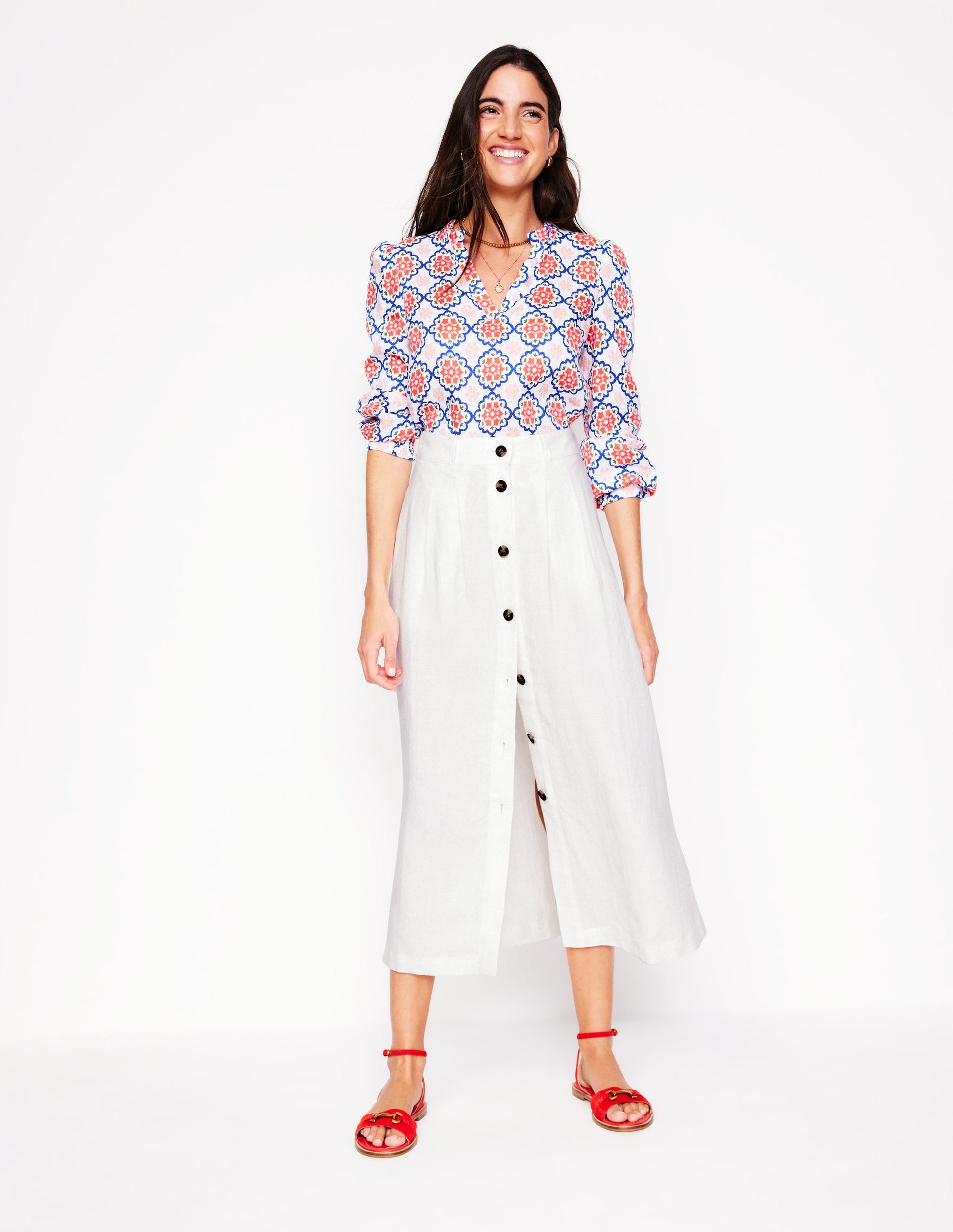 Thomasina Linen Midi Skirt-White-3