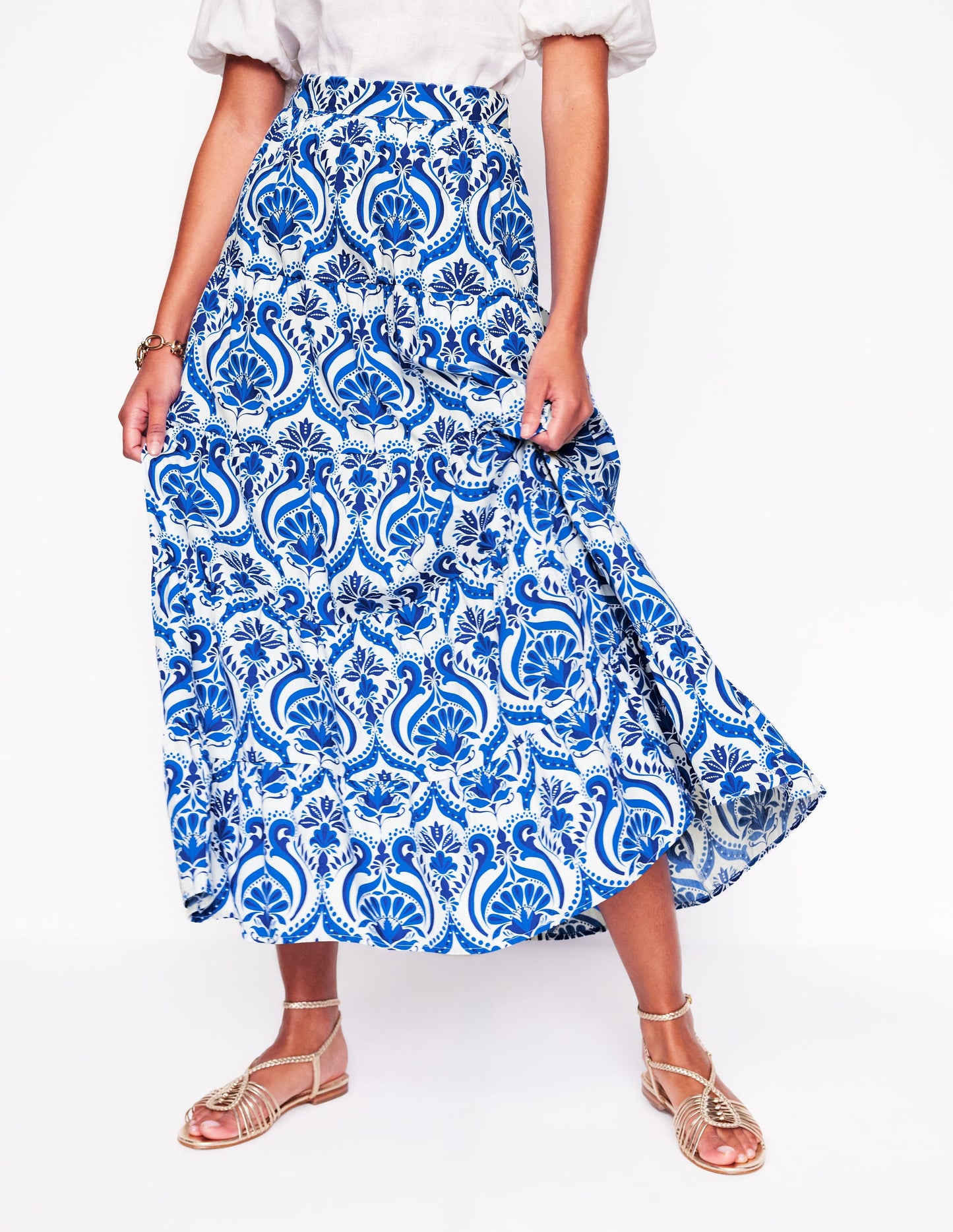 Nadia Poplin Maxi Skirt-Blue, Ornamental Floral