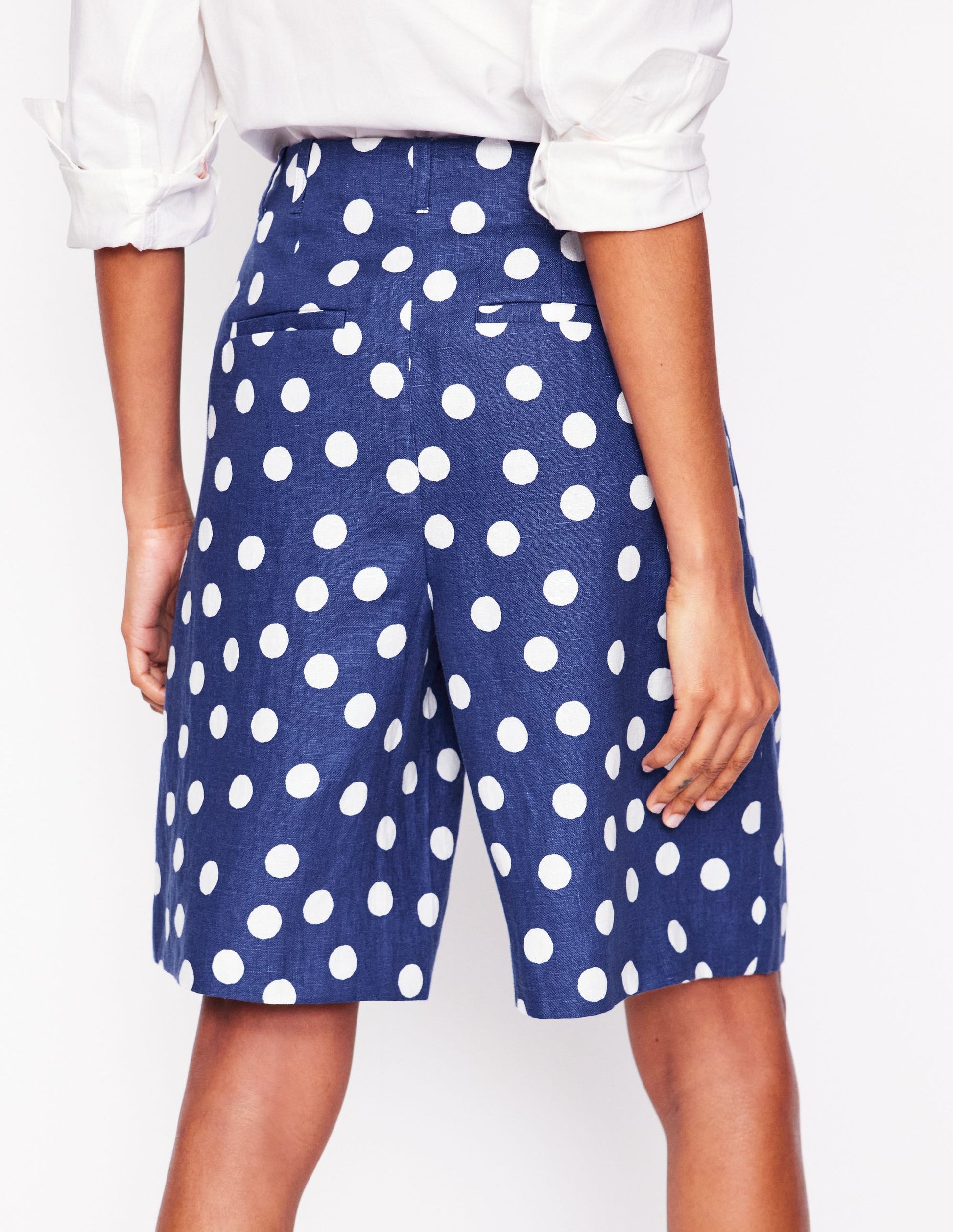 Short large plissé en lin-Pois peints bleu marine-5