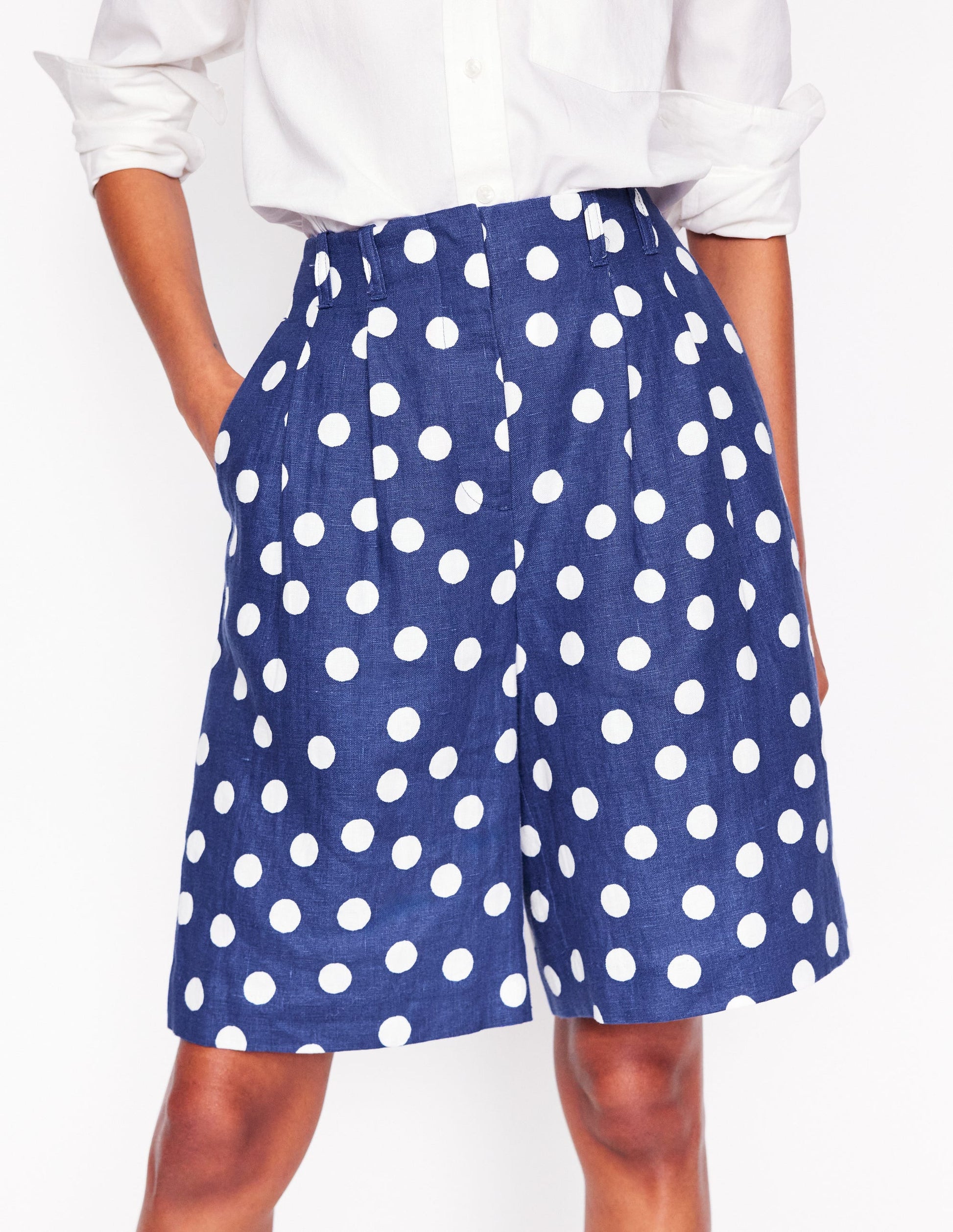 Short large plissé en lin-Pois peints bleu marine-6