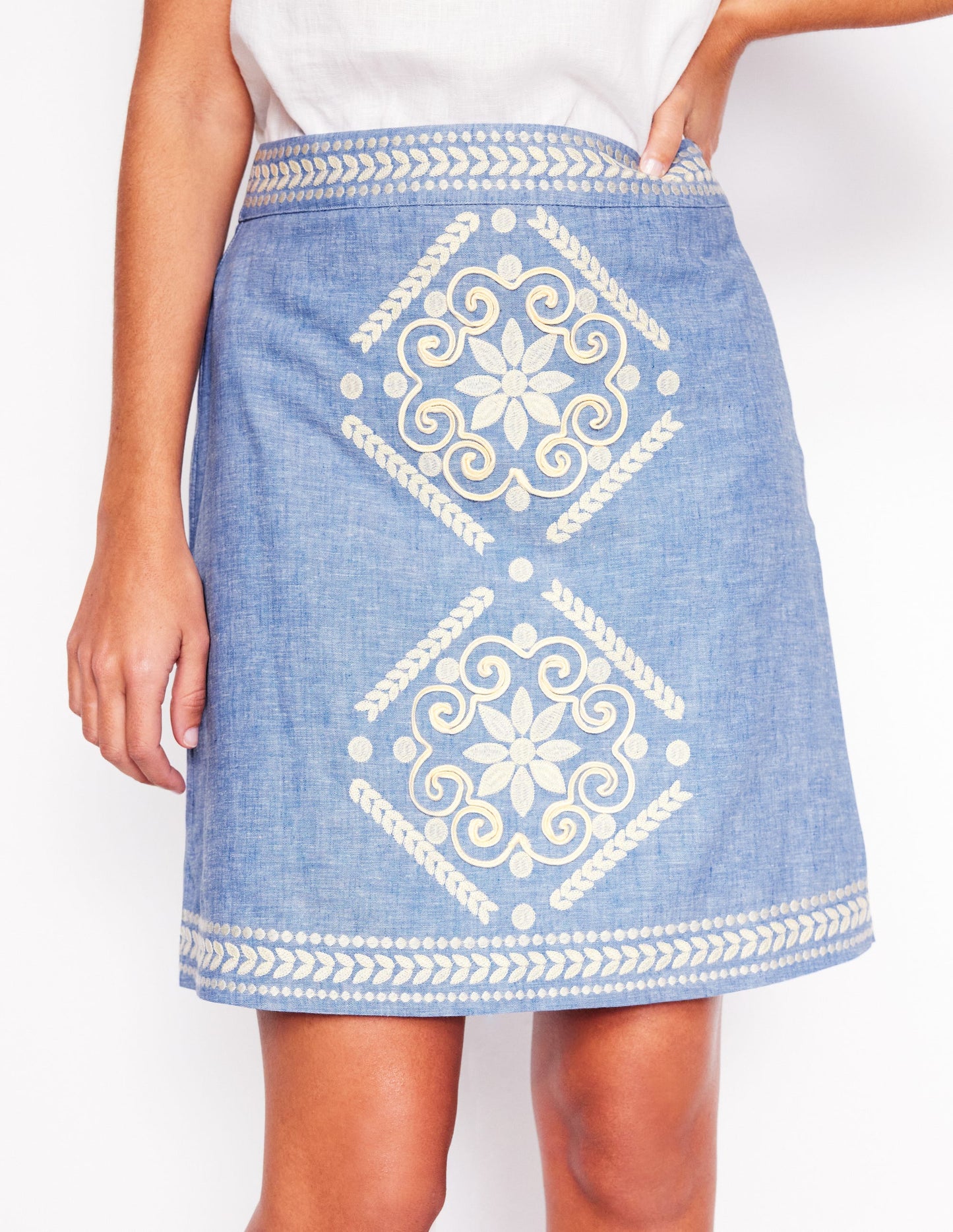 Aline Leinenrock mit Stickerei-Graublau Chambray