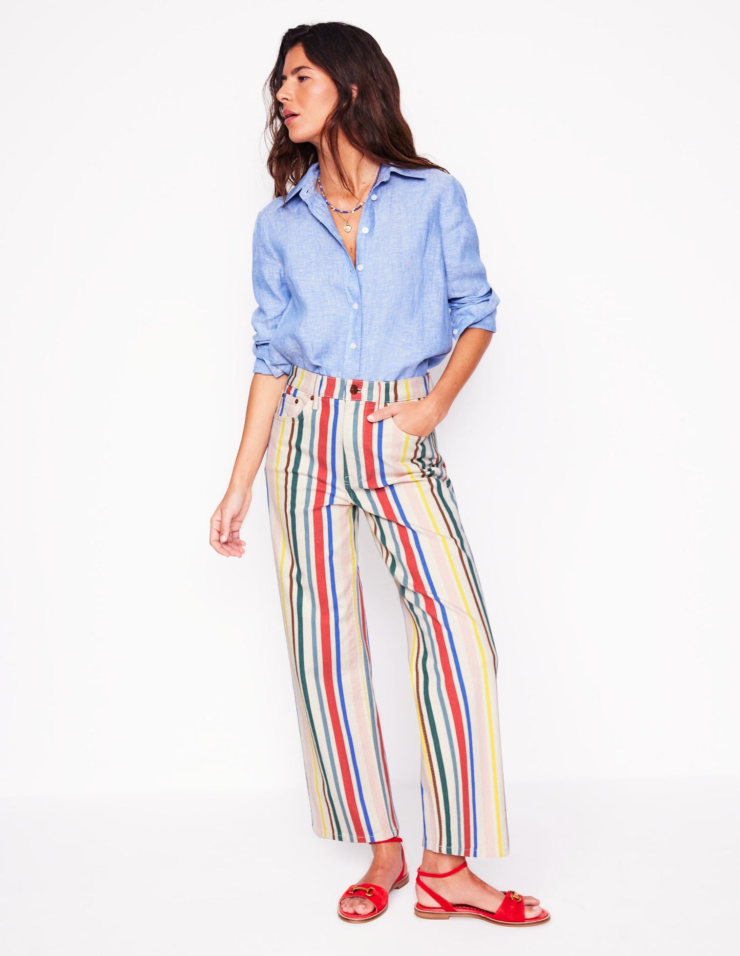 Verkürzte Jeans mit hohem Bund und Streifen-Grün und Rosa Regenbogen Streifen
