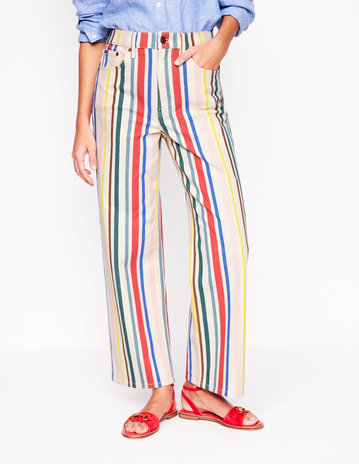 Verkürzte Jeans mit hohem Bund und Streifen-Grün und Rosa Regenbogen Streifen