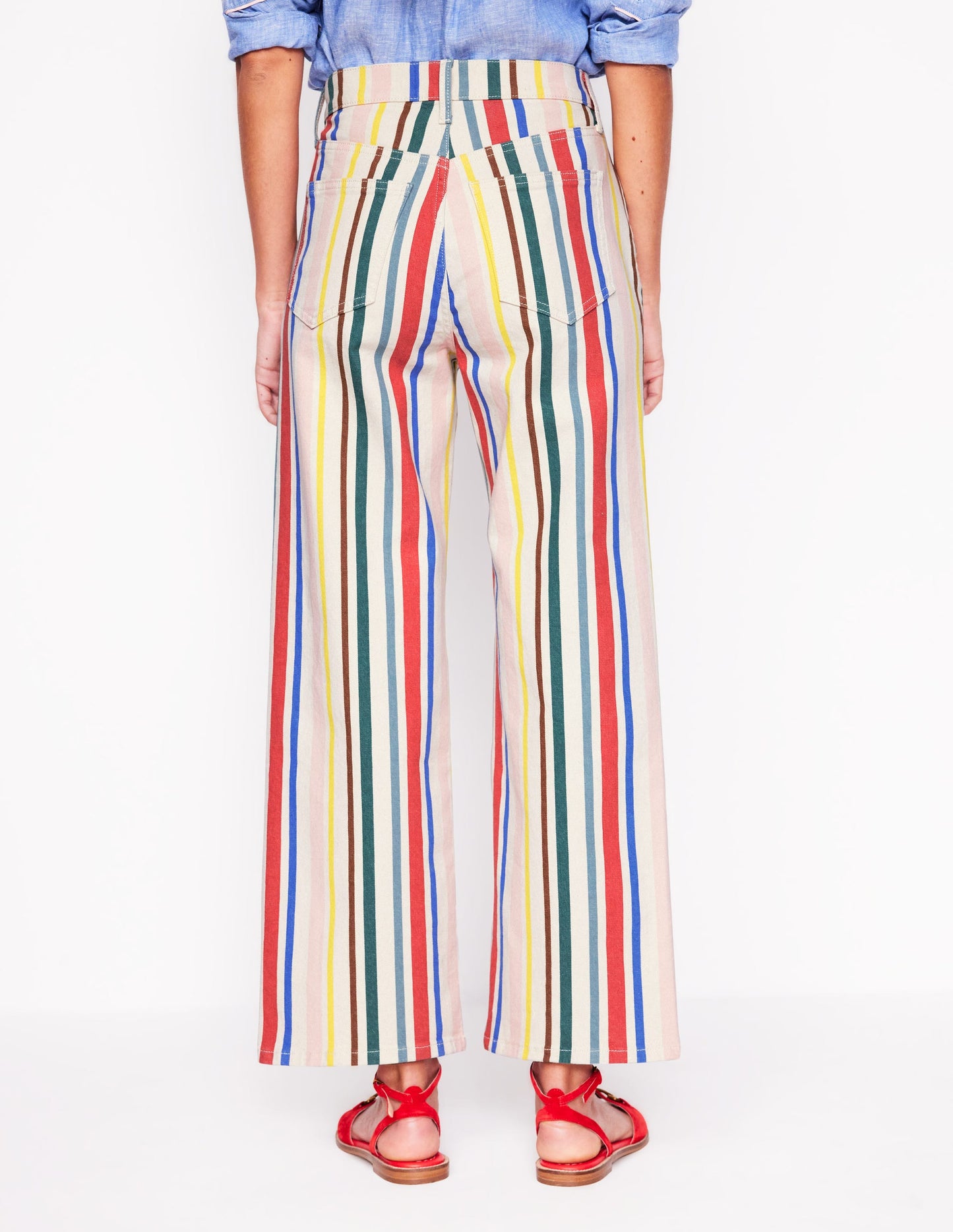 Verkürzte Jeans mit hohem Bund und Streifen-Grün und Rosa Regenbogen Streifen