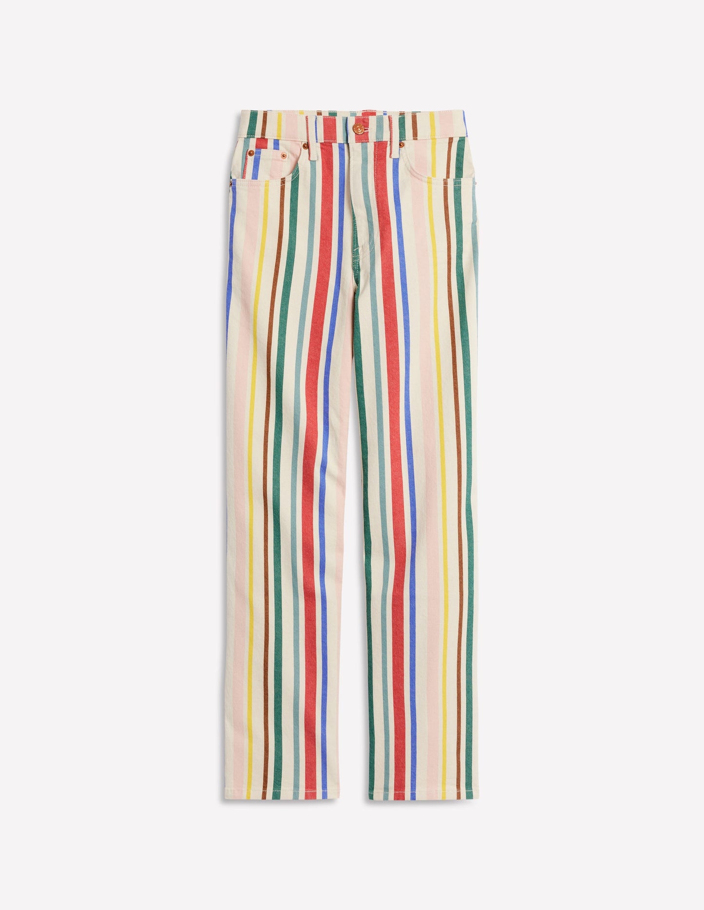 Verkürzte Jeans mit hohem Bund und Streifen-Grün und Rosa Regenbogen Streifen