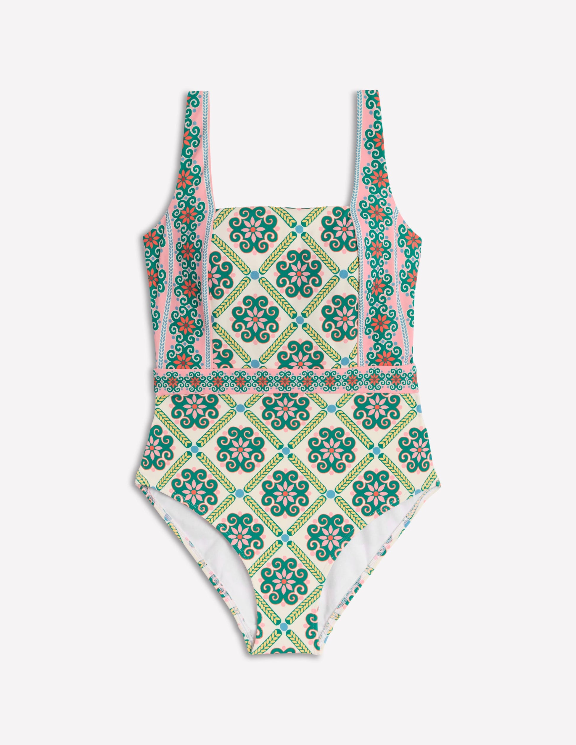 Maillot de bain Lefkada col carré-Émeraude profond, motif Baroque Tile-5