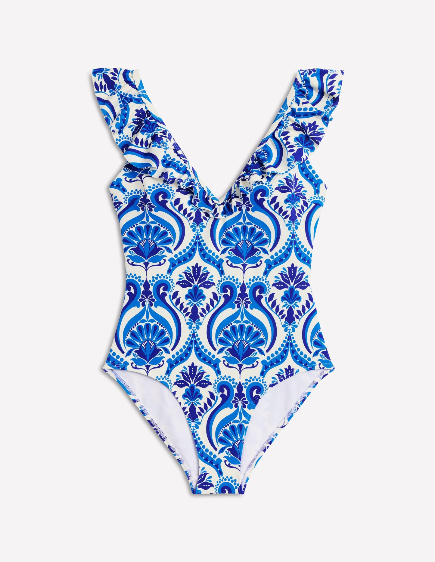 Evia Badeanzug mit Rüschen-Blau, Blumenmuster mit Ornamenten