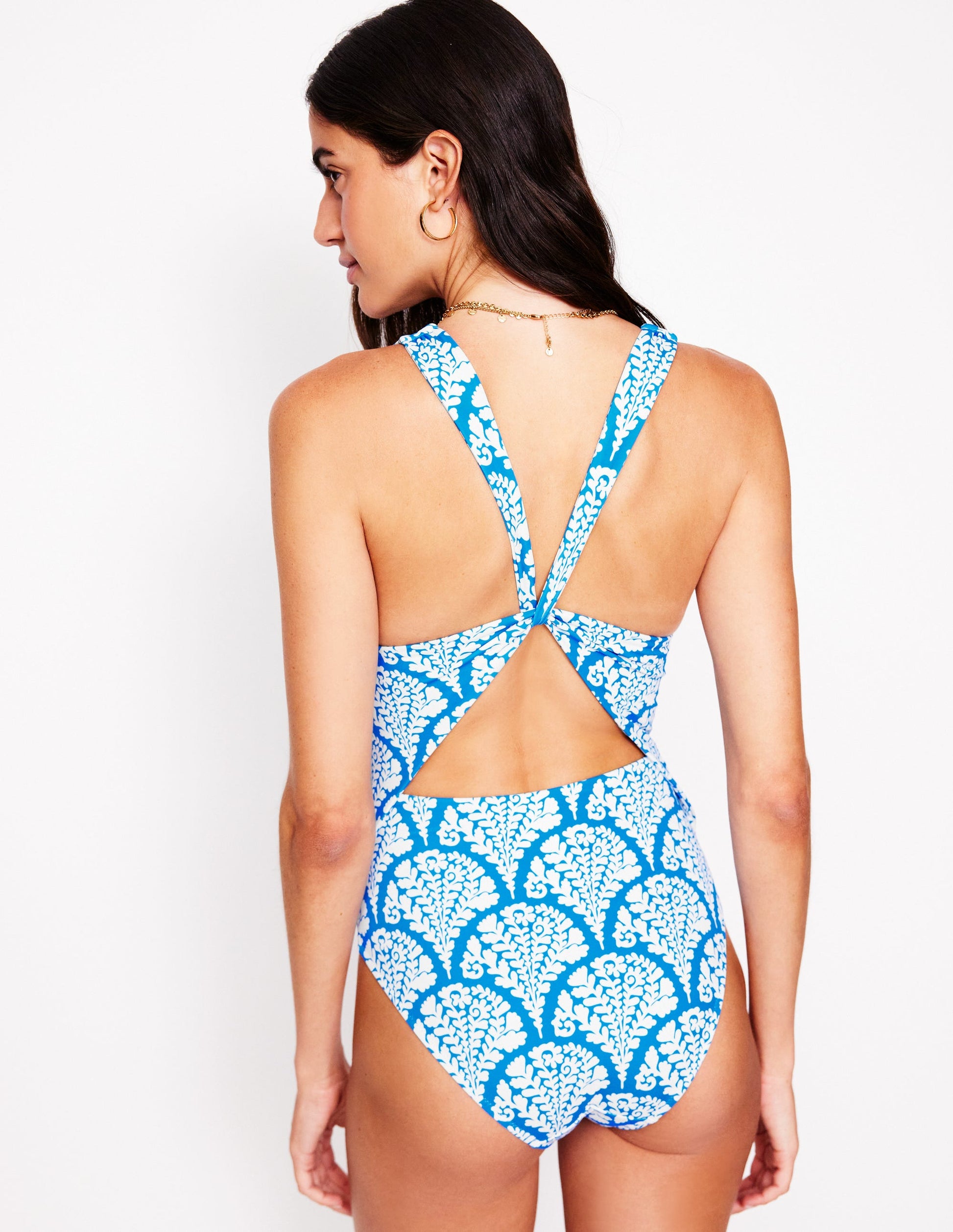 Maillot de bain Mykonos à encolure en V profonde-Bleu céruléen, motif Blossomy-5