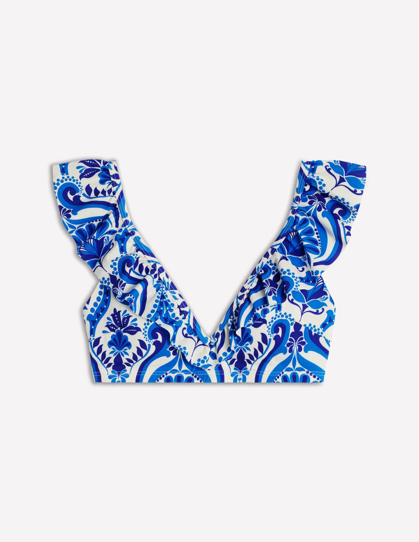 Evia Bikinioberteil mit Rüschen-Blau, Blumenmuster mit Ornamenten