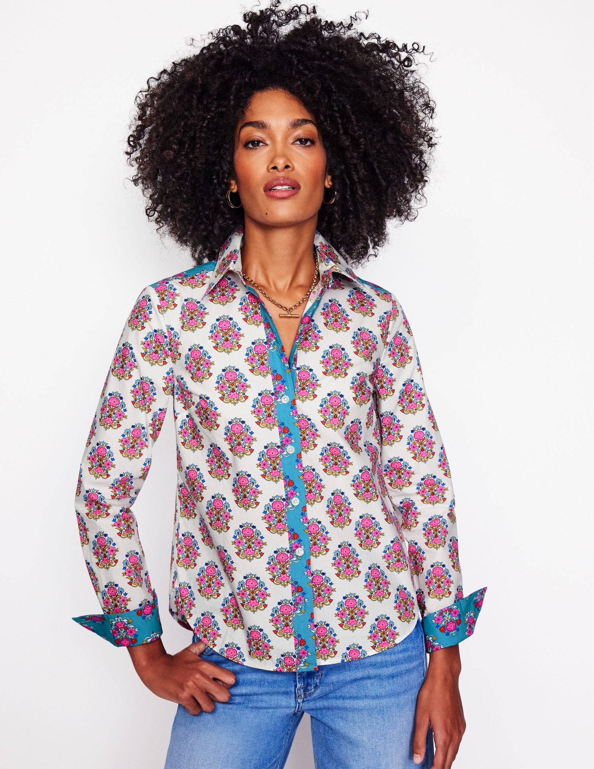 Sienna Baumwollhemd-Naturweiß, Wildblumenstempel-5