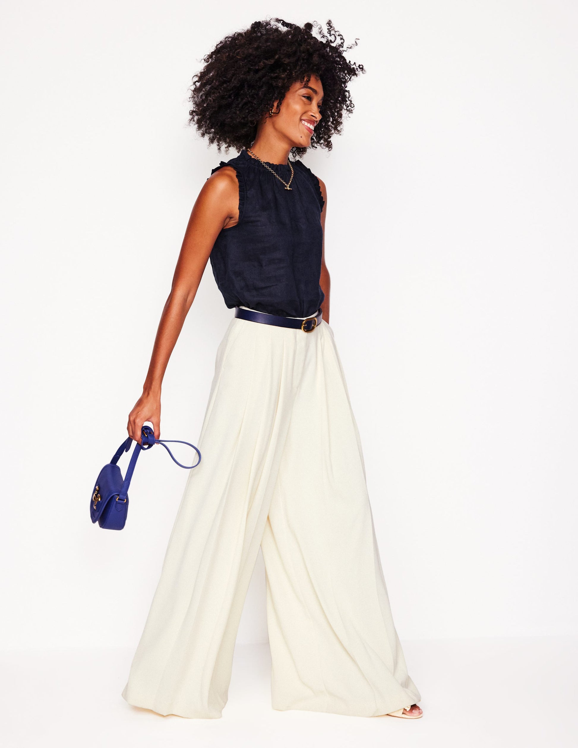 Sophie Ruffle Linen Top-Navy-1