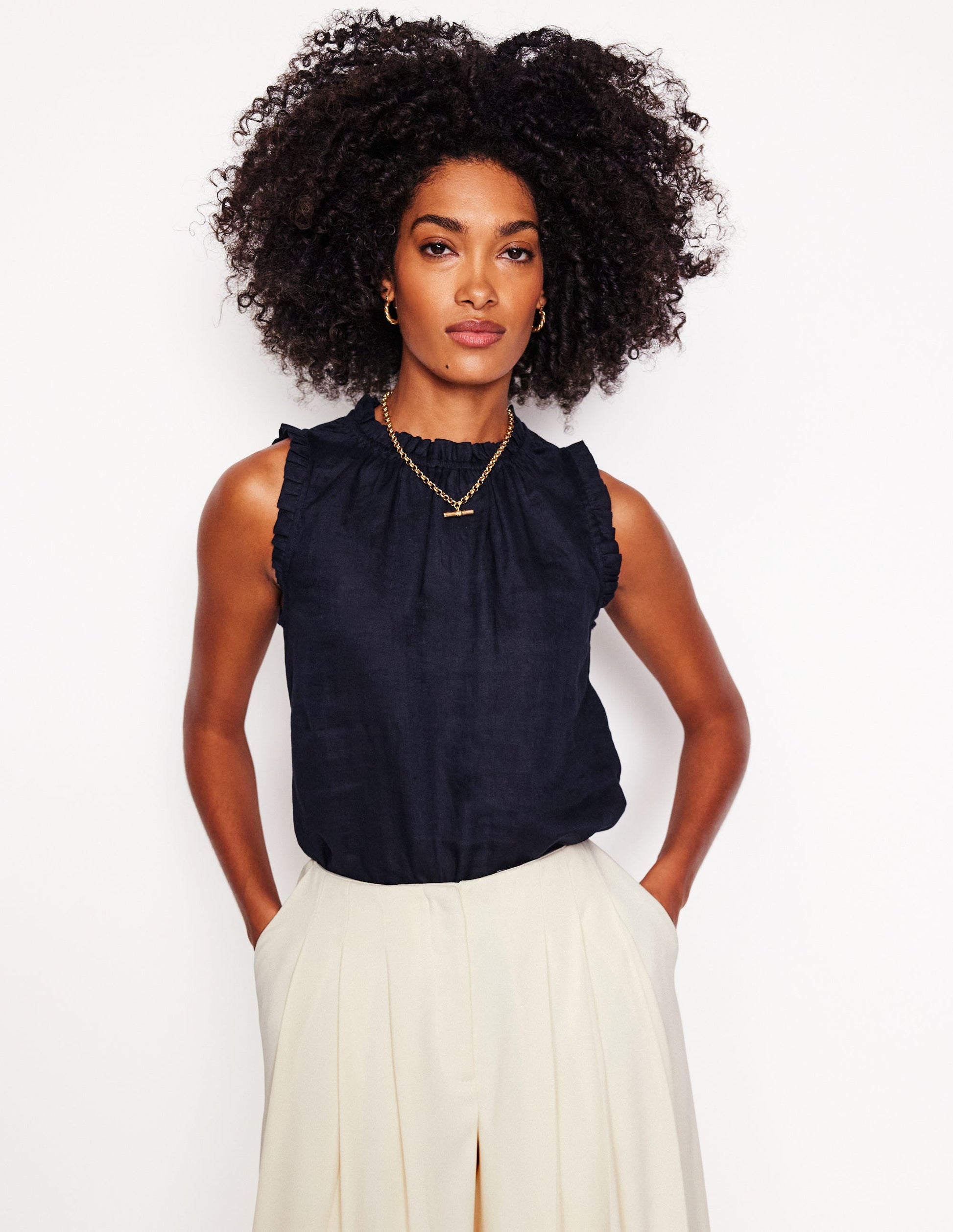 Sophie Ruffle Linen Top-Navy-4