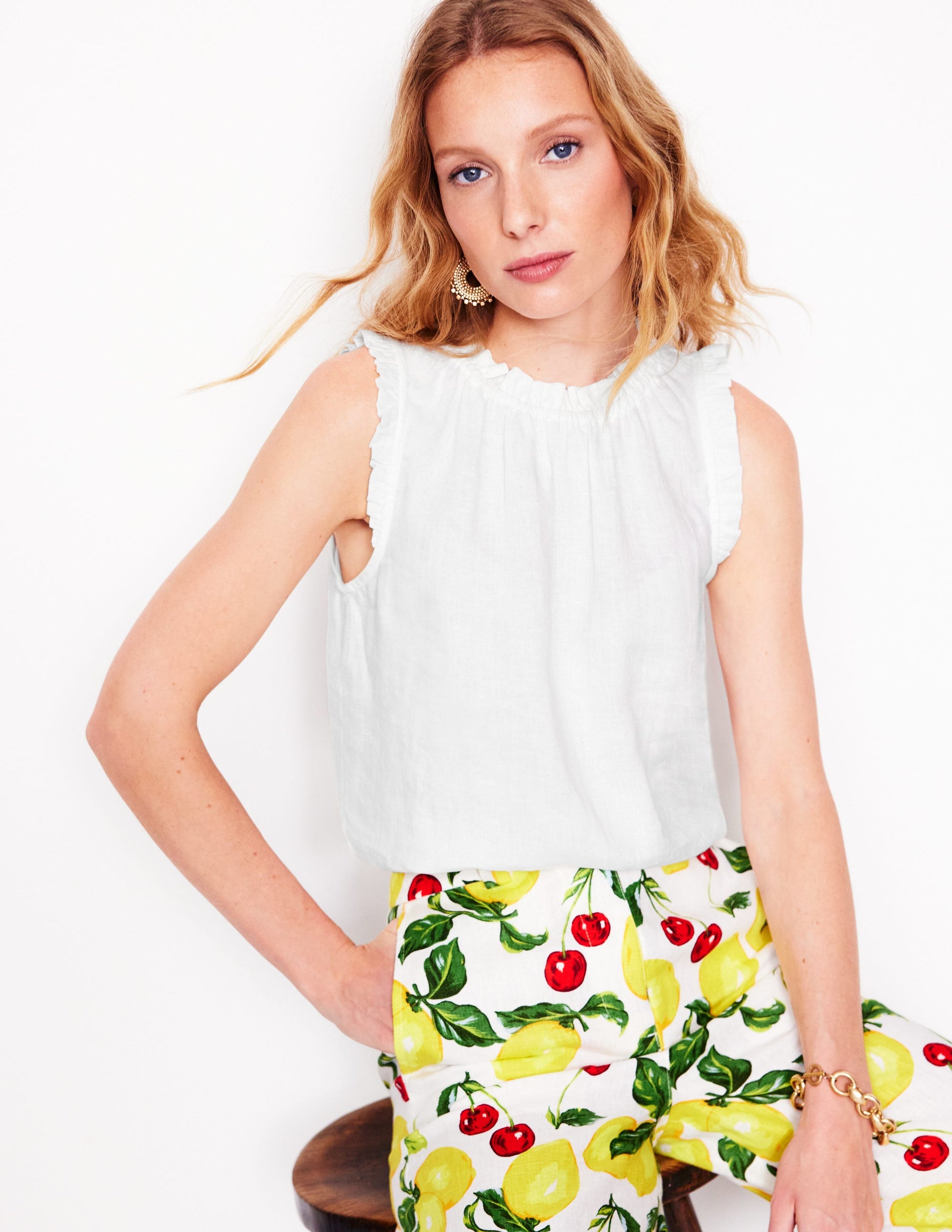 Sophie Ruffle Linen Top-White-1