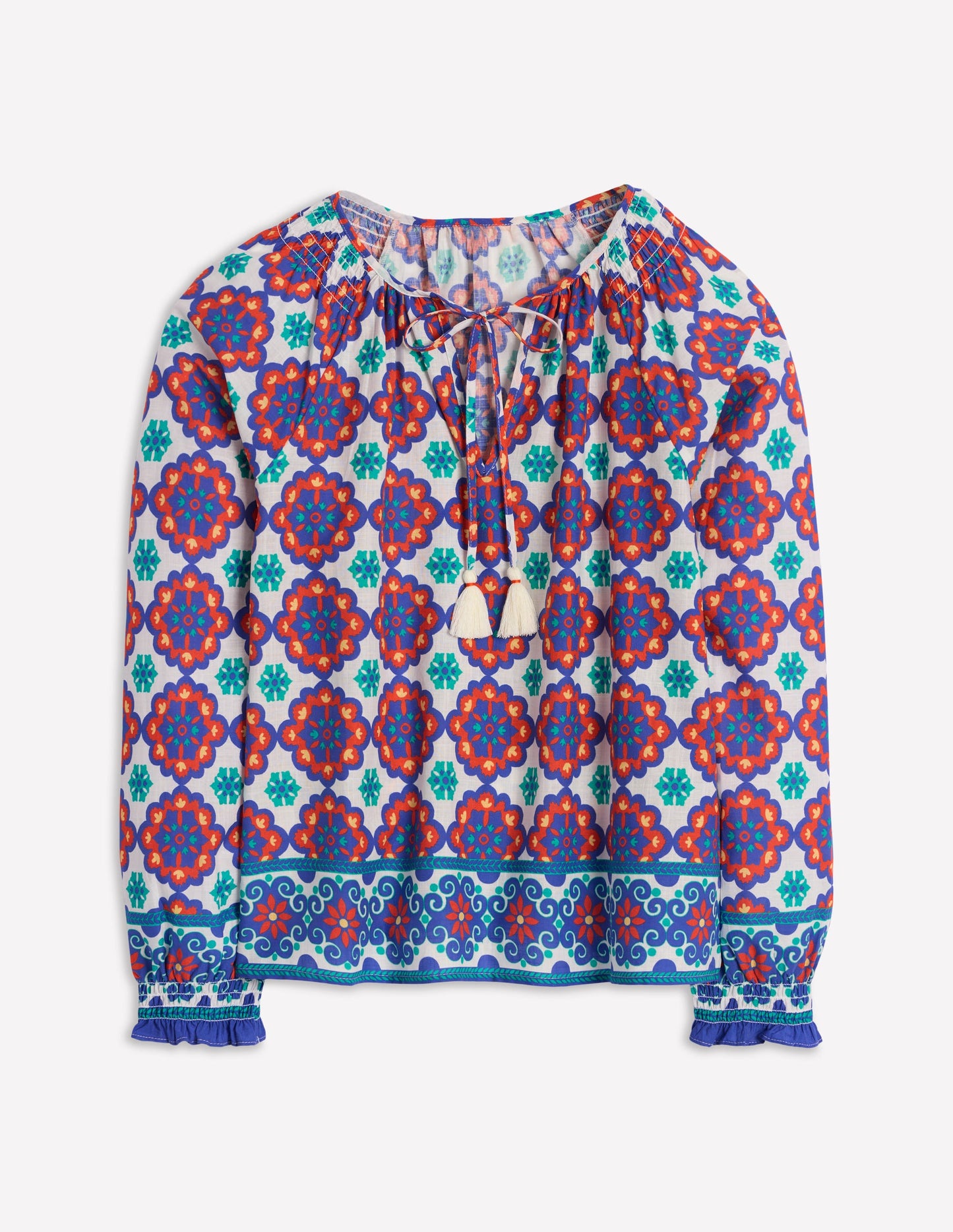 Schlichte Baumwollbluse-Leuchtendes Blau, Geometrisches Blütenmuster