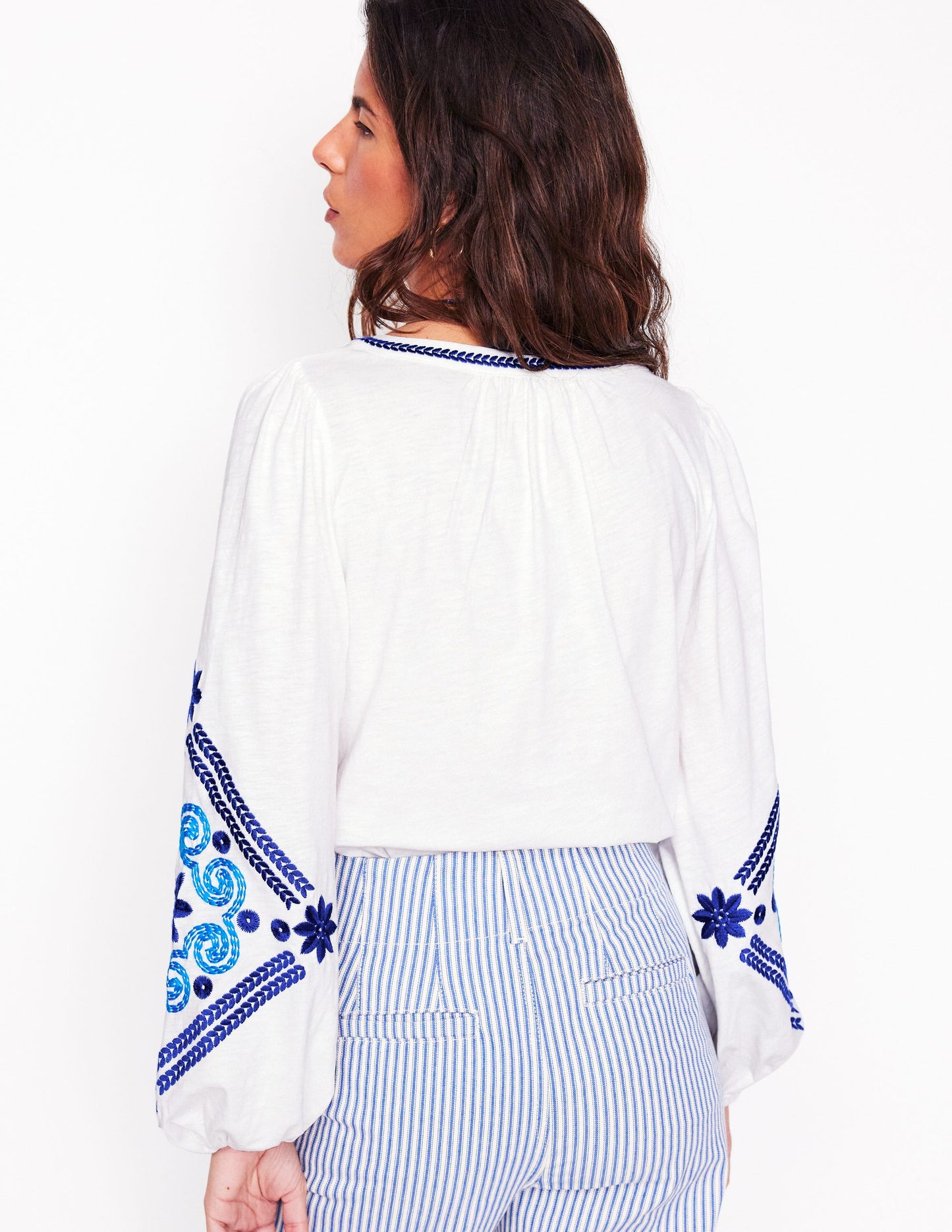 Nia Embroidered Top-White, Blue