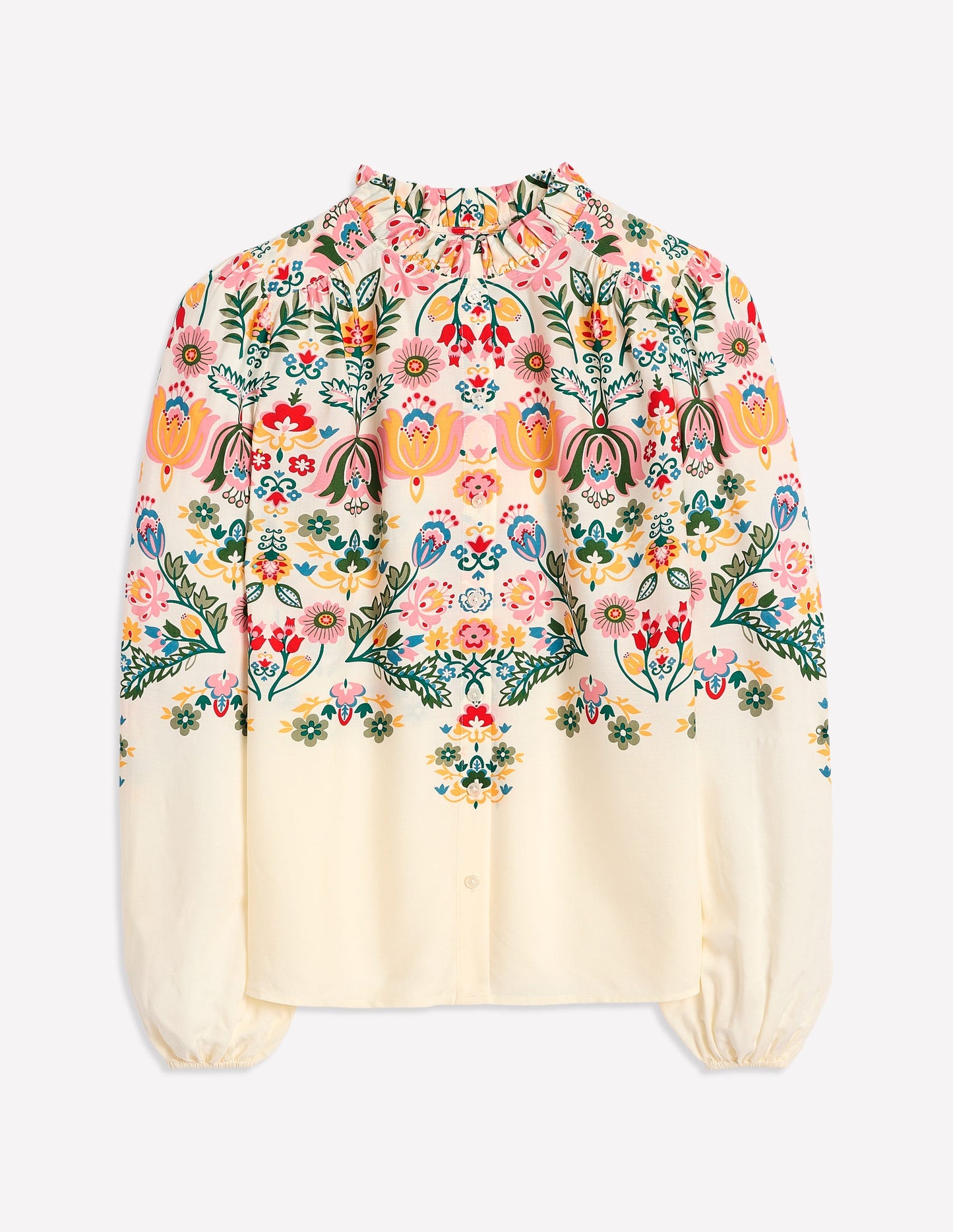 Blouse à col volanté-Ivoire, motif Tulip Fusion