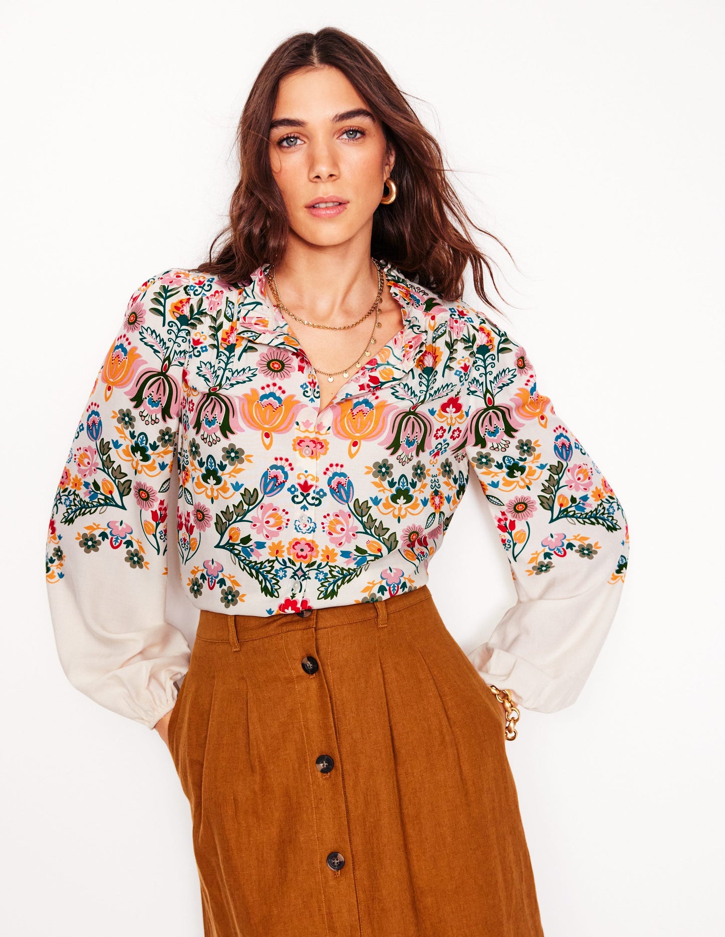 Blouse à col volanté-Ivoire, motif Tulip Fusion
