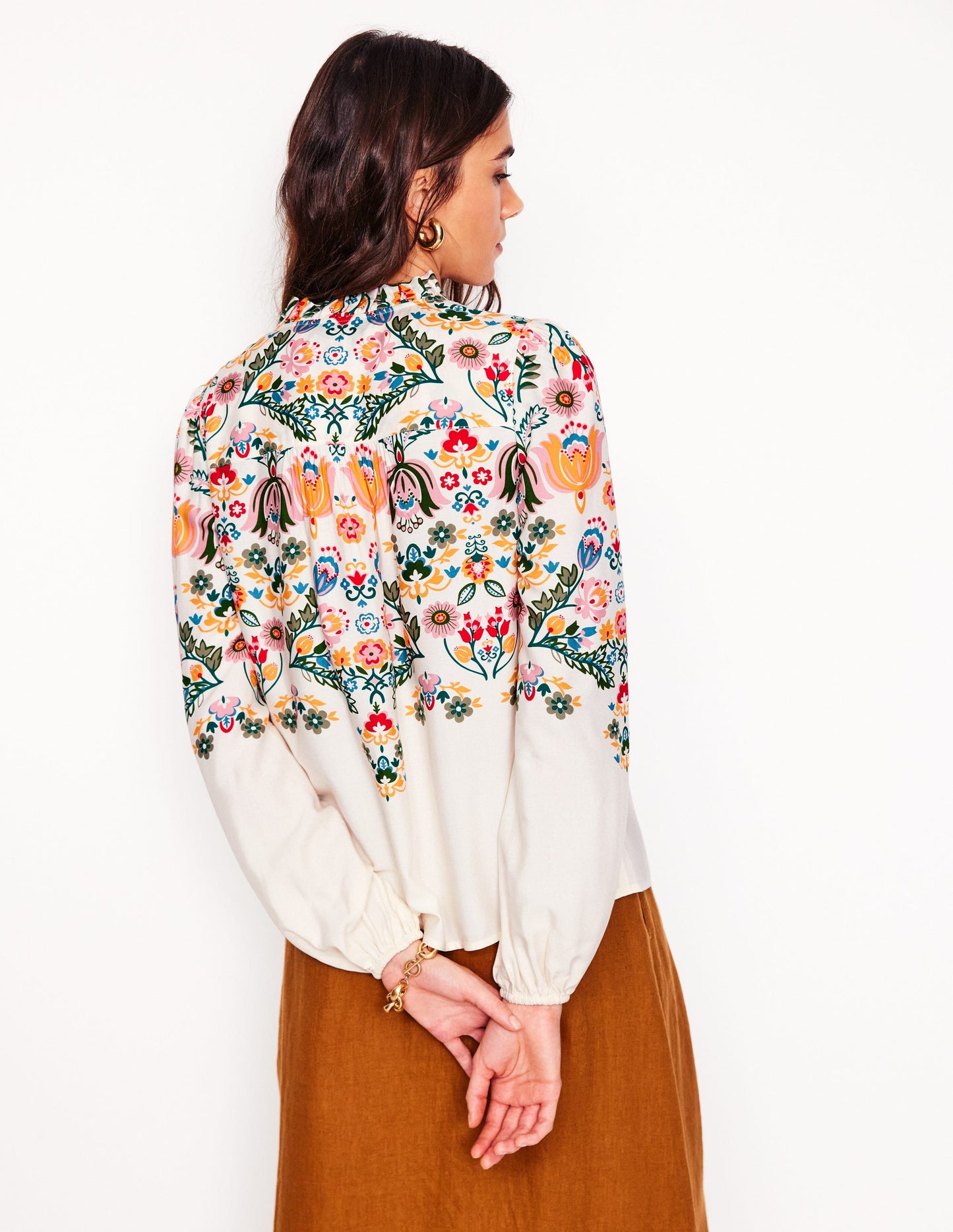 Blouse à col volanté-Ivoire, motif Tulip Fusion