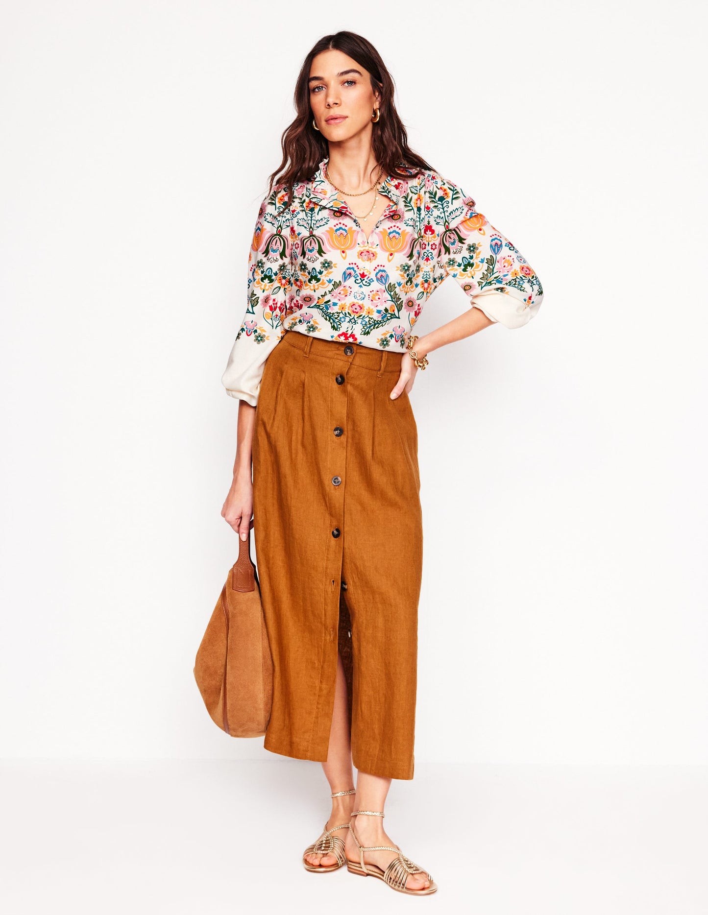 Blouse à col volanté-Ivoire, motif Tulip Fusion