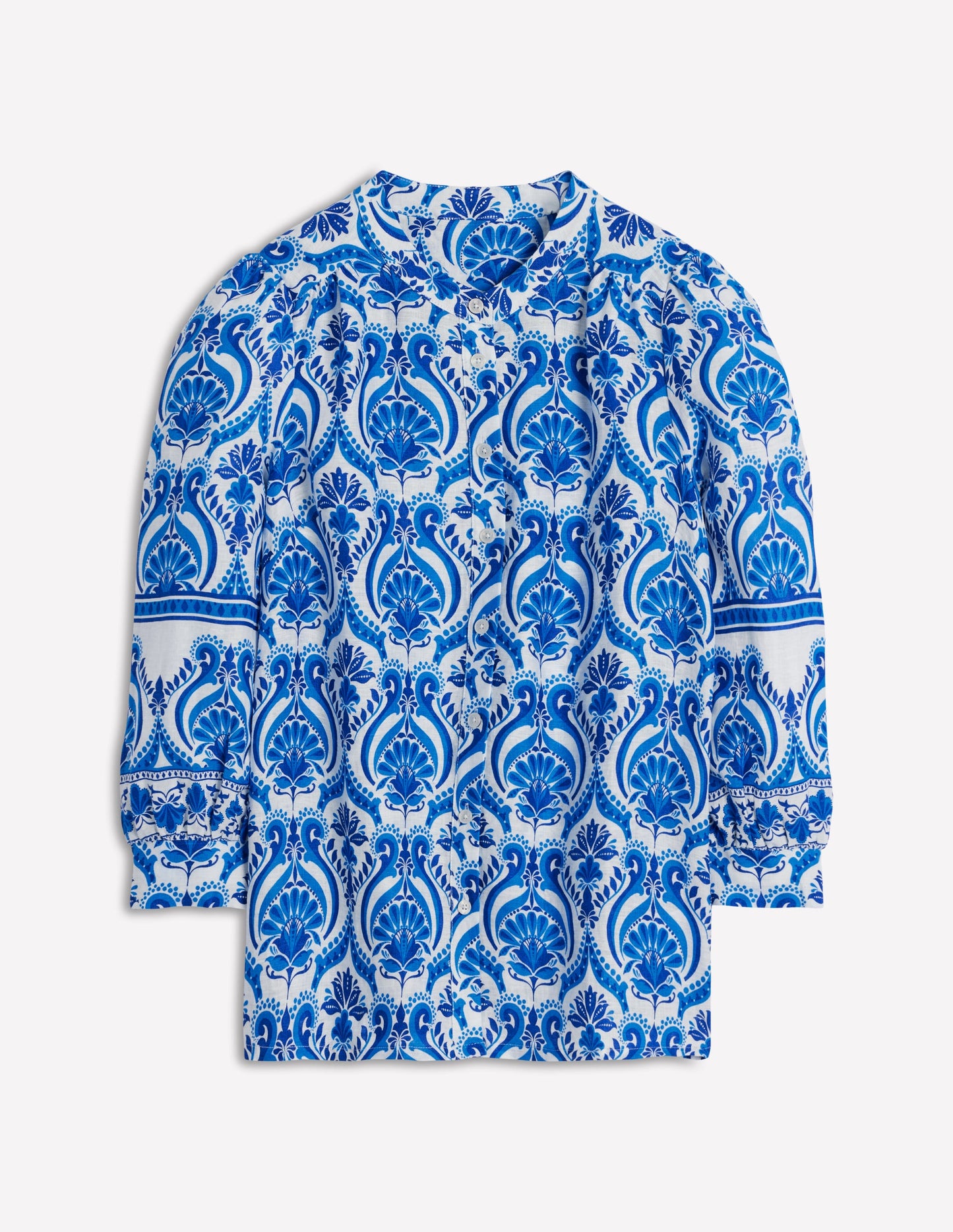 Alicia Oberteil aus Leinen-Blau, Blumenmuster mit Ornamenten