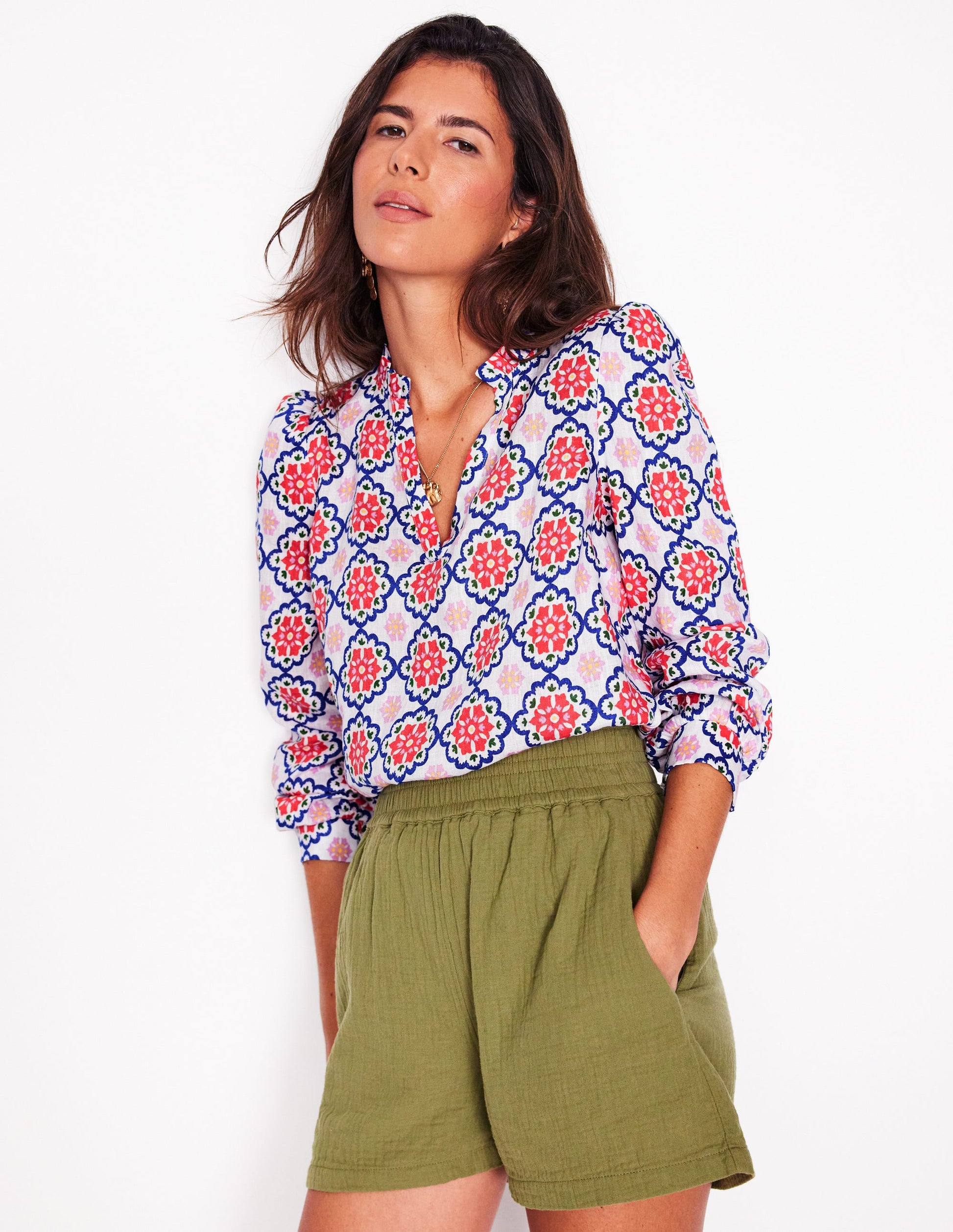 Grace Linen Top-Ivory, Bloom Geo-1