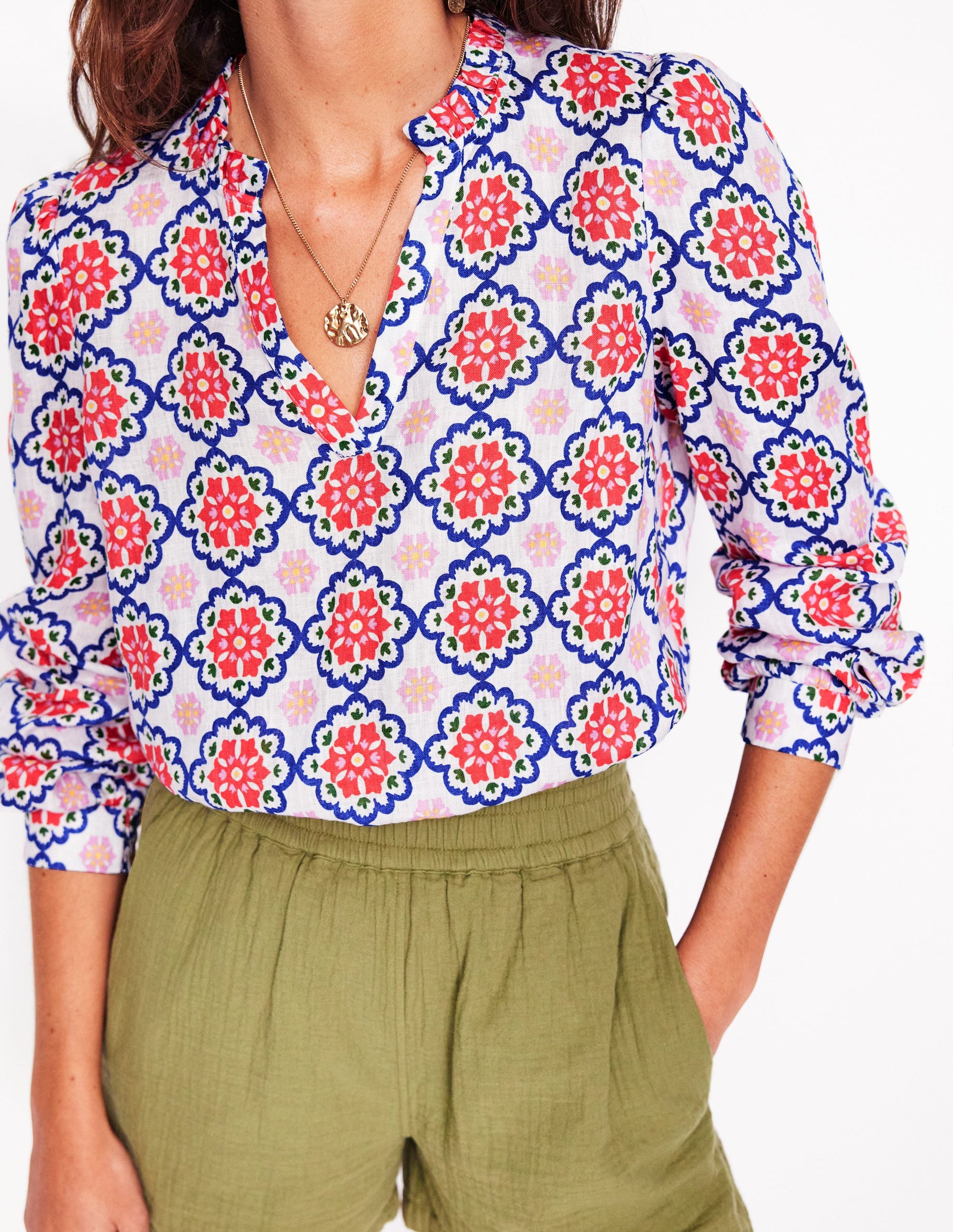 Grace Linen Top-Ivory, Bloom Geo-2