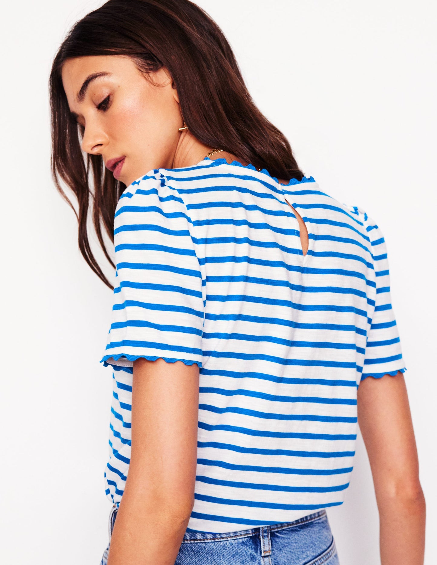 Ali T-Shirt mit Zackenlitze-Naturweiß, Galerie-Blau