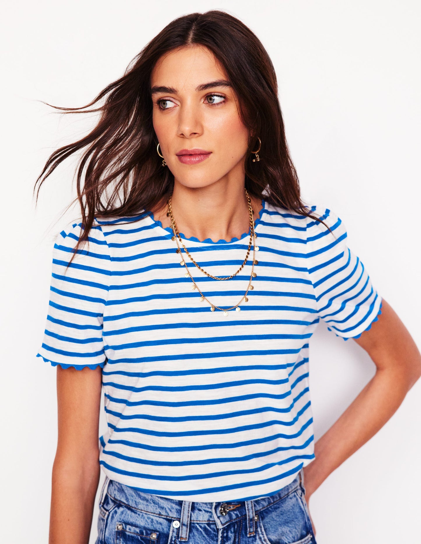 Ali T-Shirt mit Zackenlitze-Naturweiß, Galerie-Blau