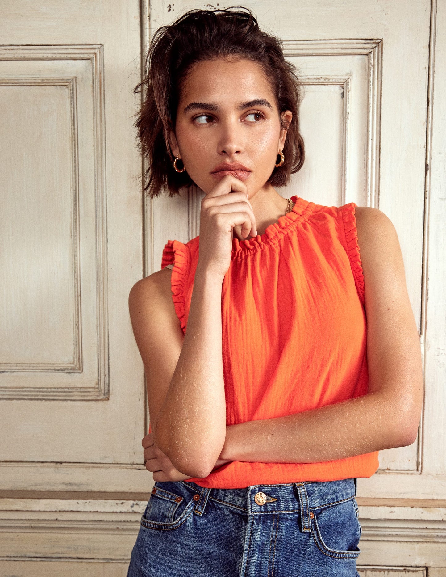 Sophie Doppeltuch-Oberteil mit Rüschen-Gladiolen Orange