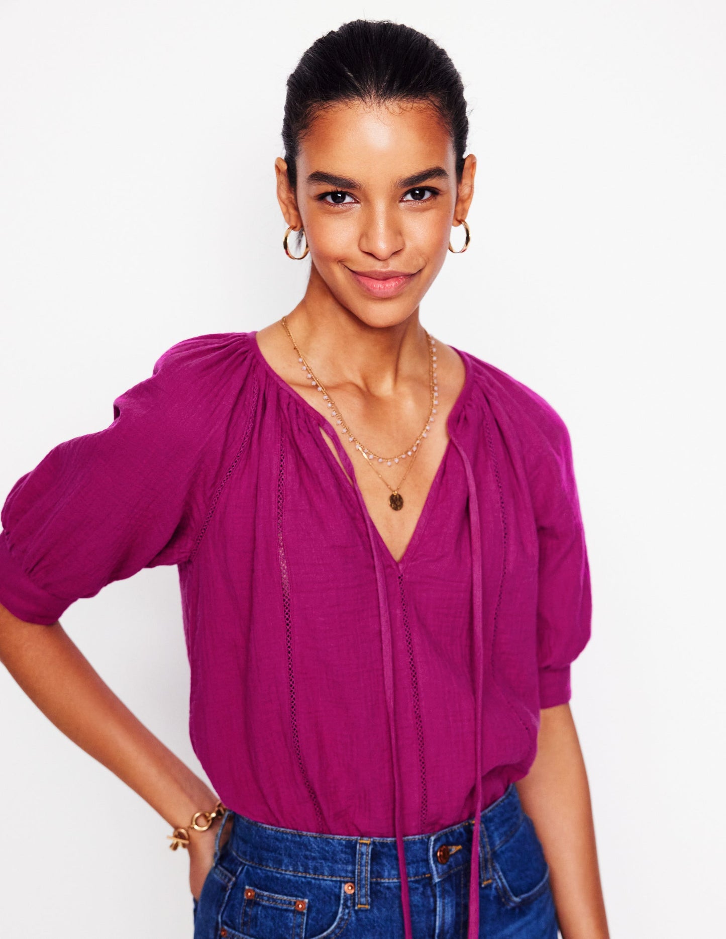Doppeltuch-Oberteil mit eingearbeiteten Details-Fuchsia