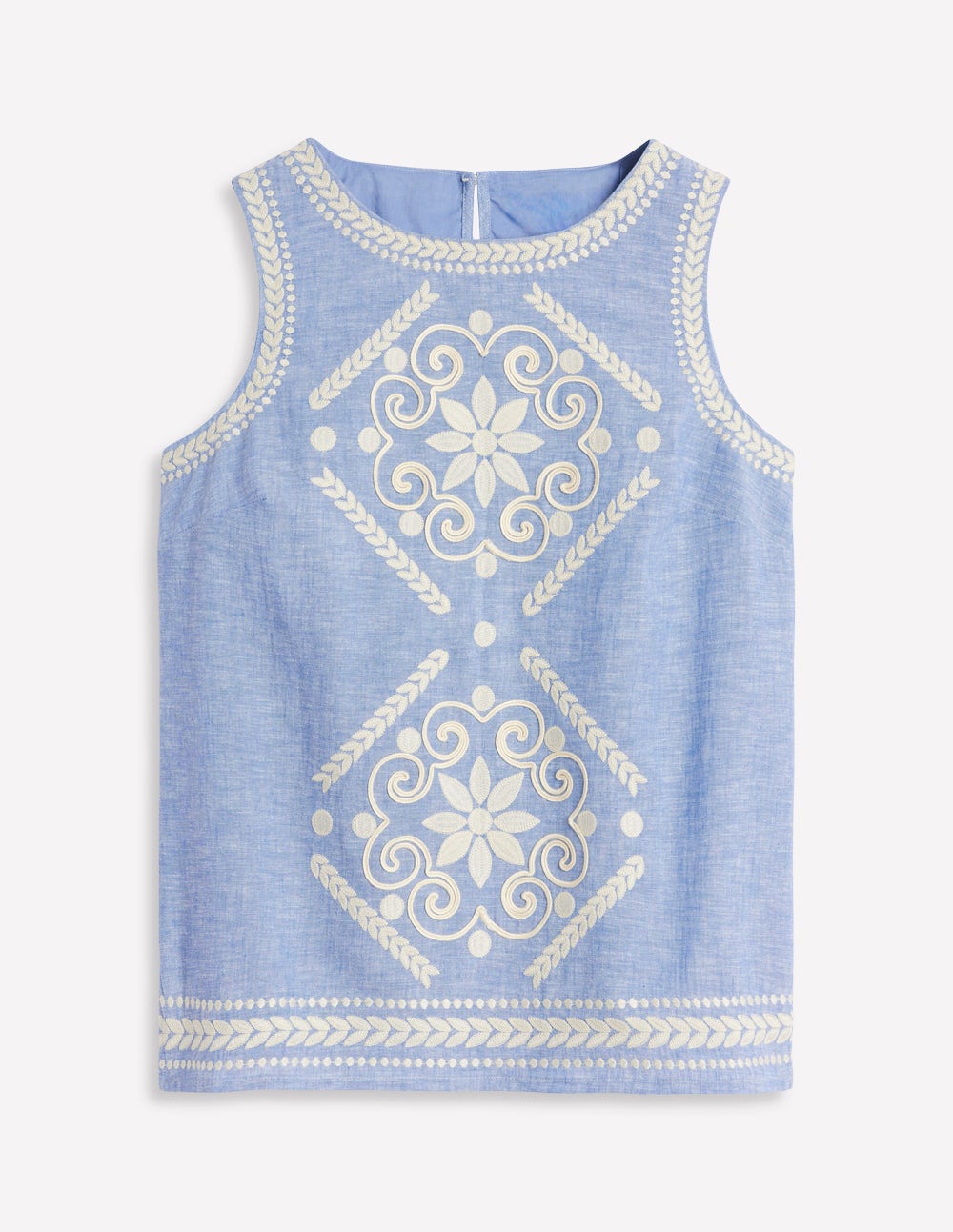 Besticktes Oberteil aus Leinenmischgewebe-Blauer Faux-Uni