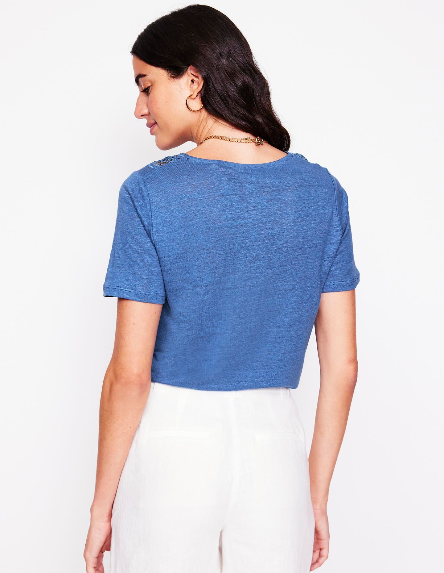 T-Shirt aus Leinen mit Spitzenbesatz-Blue River