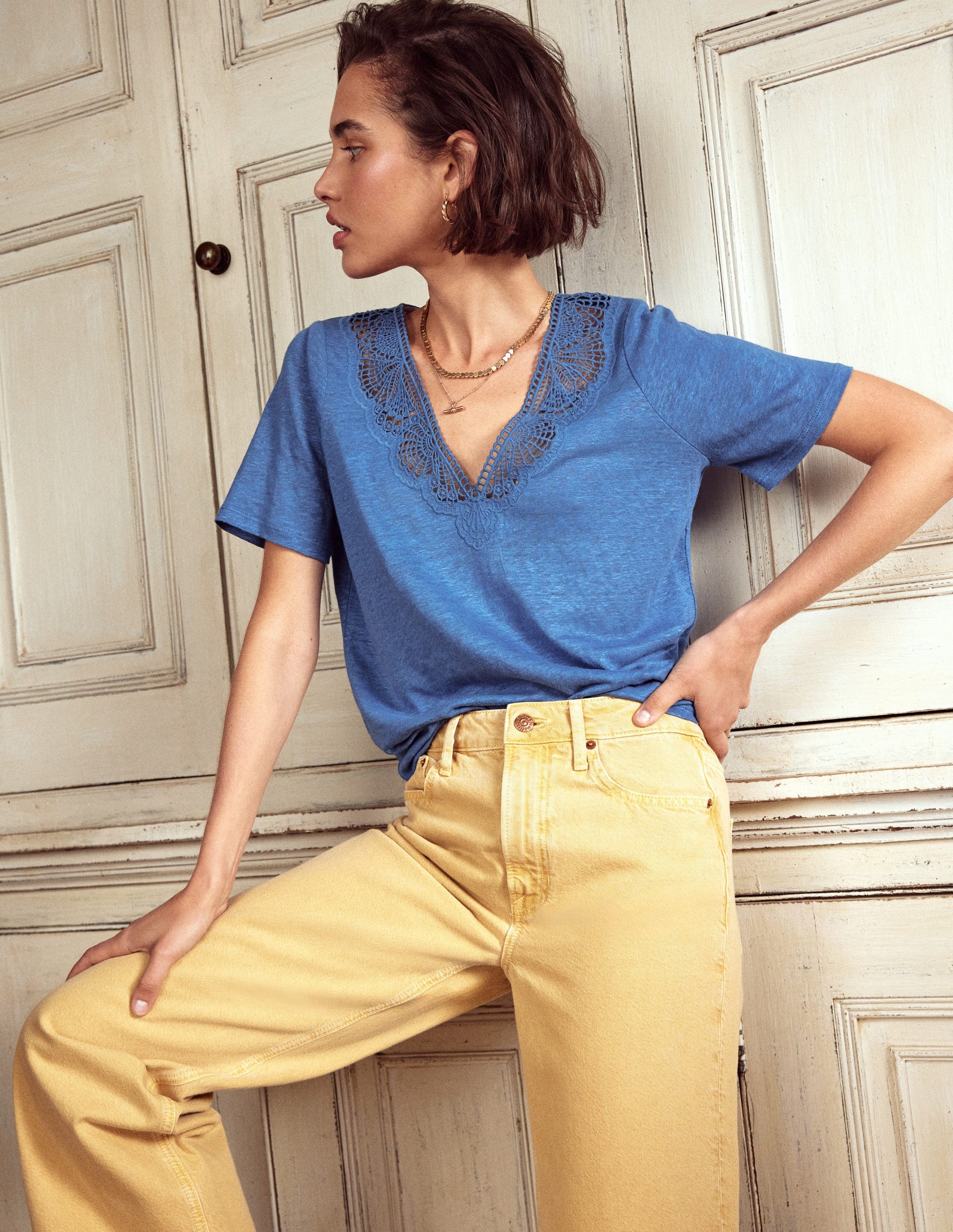 Lace Trim Linen T-shirt-Blue River-1