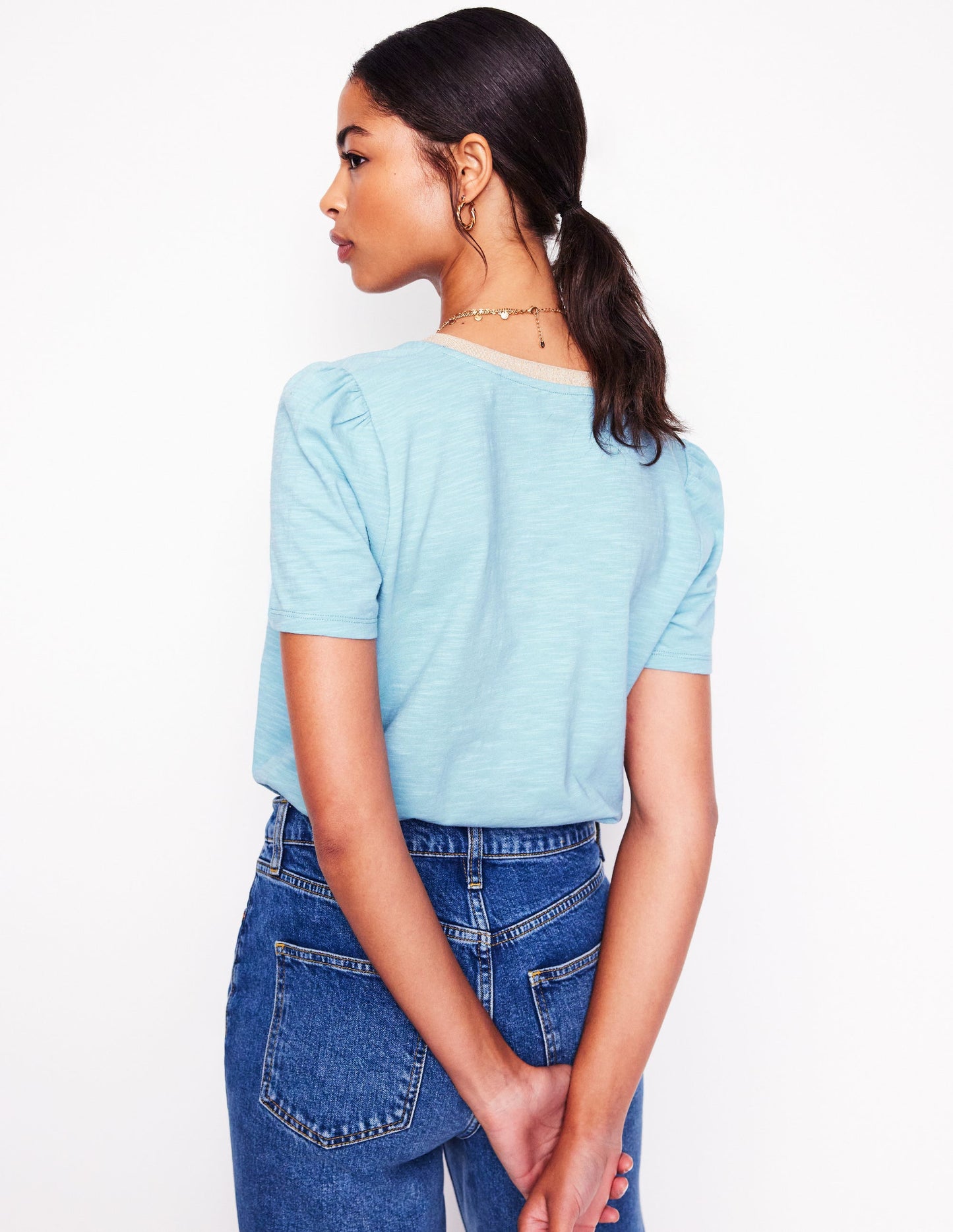 T-shirt col V à détails métallisés-Bleu Tendre