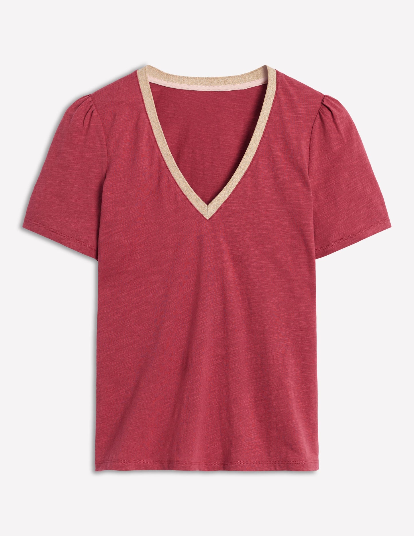 T-Shirt mit Metallic-V-Ausschnitt-Terrakotta-Rot