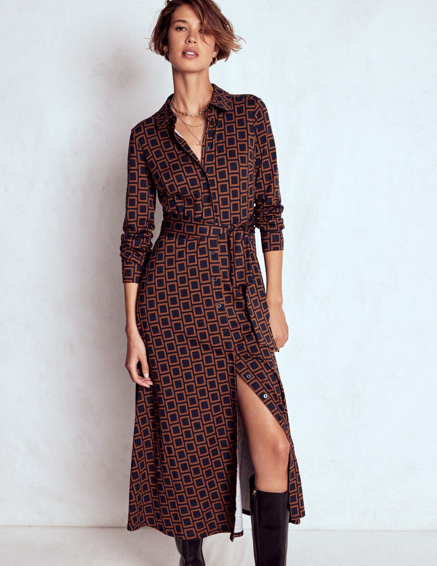 Marcia Jersey-Hemdblusenkleid-Französisches Marineblau, Quadrat Geometrisch