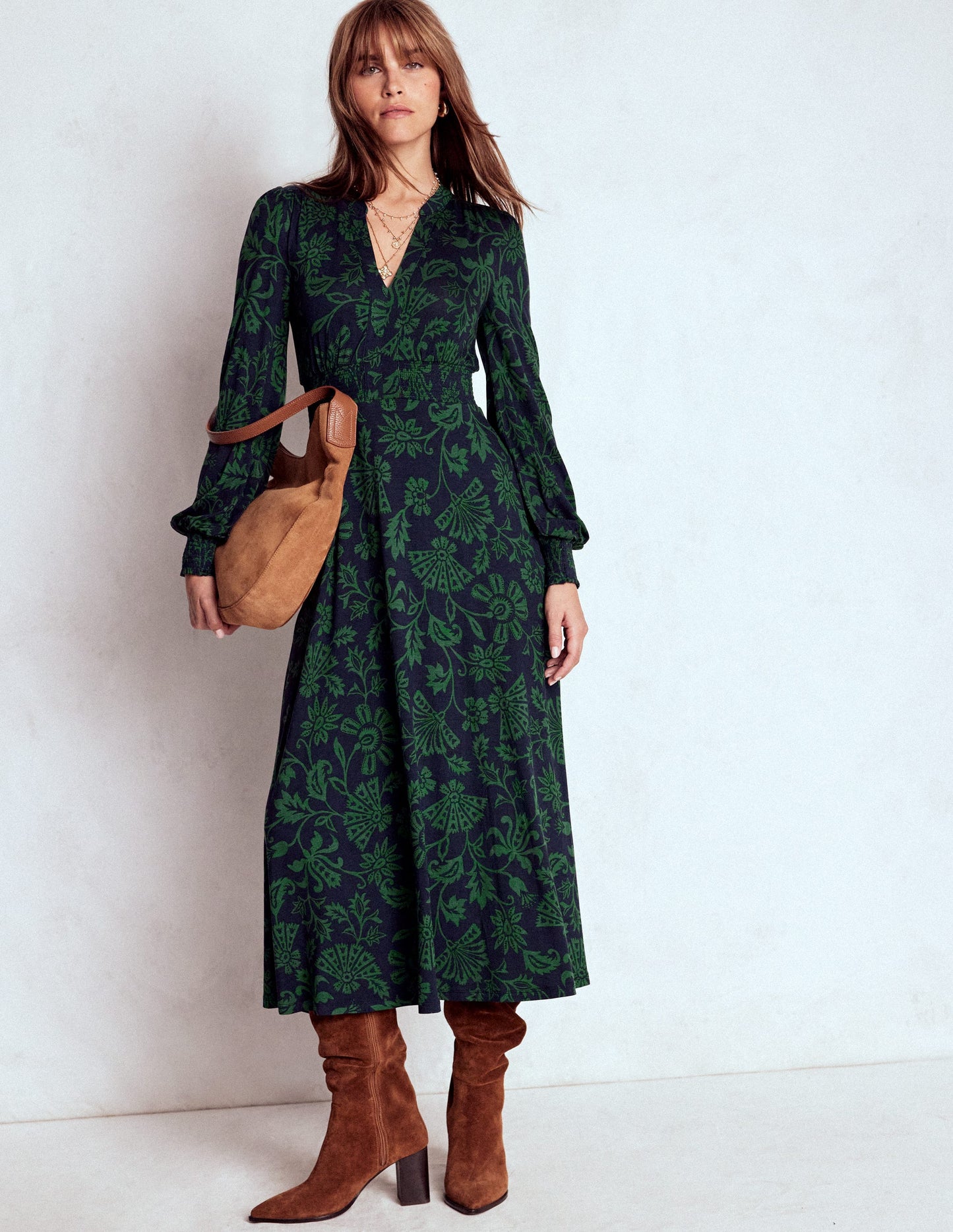 Ivy Gesmoktes Midikleid-Dunkles Marineblau, Aufwendige Rebe