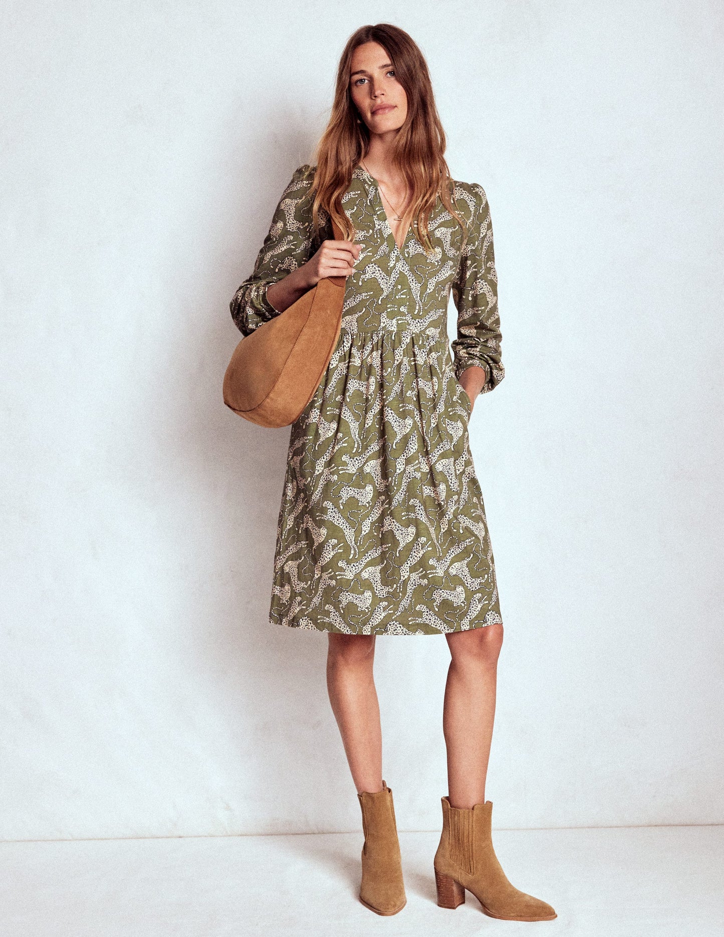 Naomi Lockeres Jerseykleid-Waldgrün, Leopard