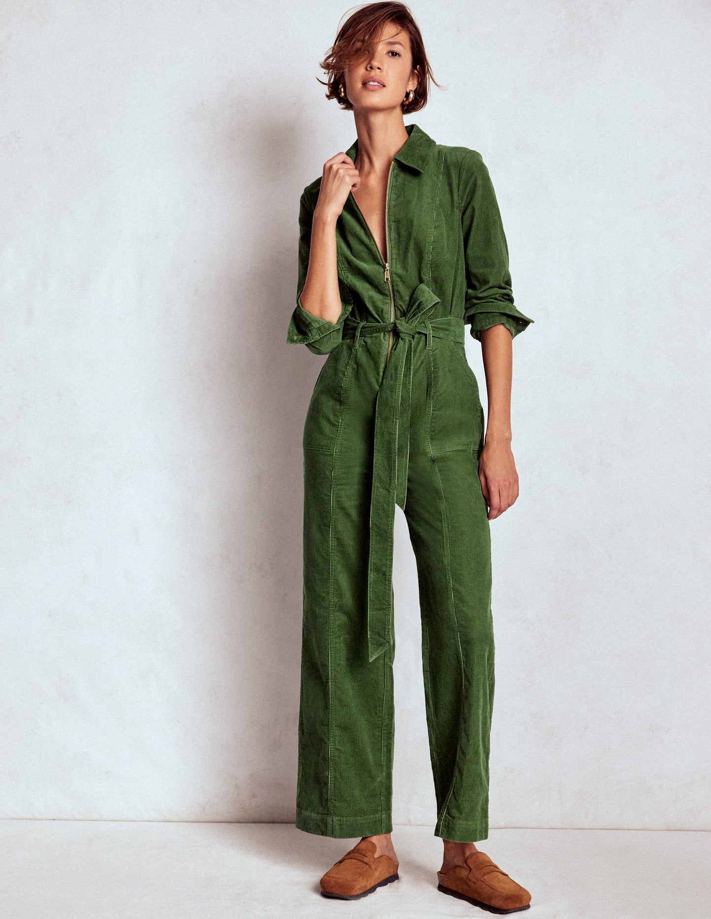 Cord-Jumpsuit mit Reißverschluss-Farn