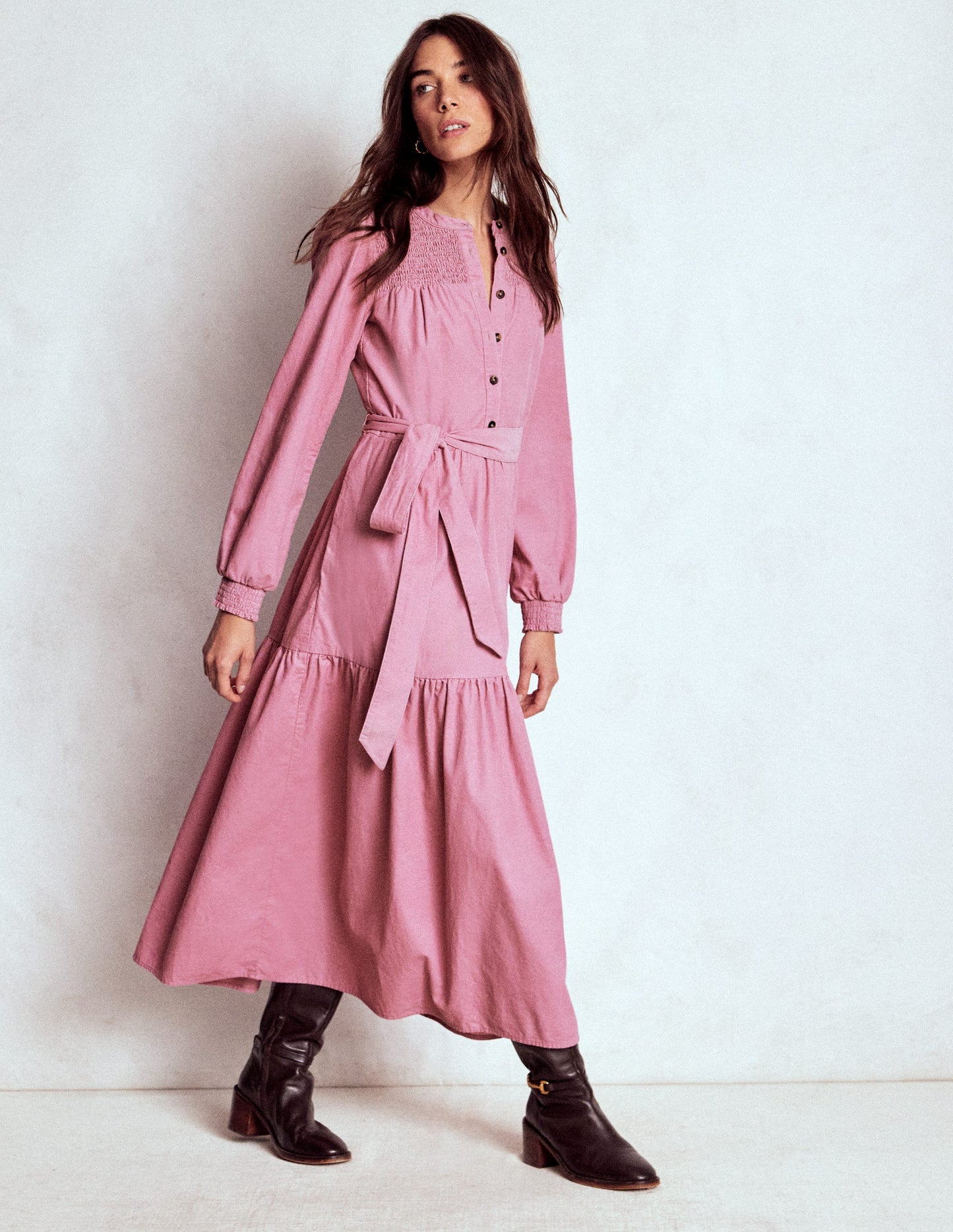 Robe midi Cecily en velours côtelé-Brume rose