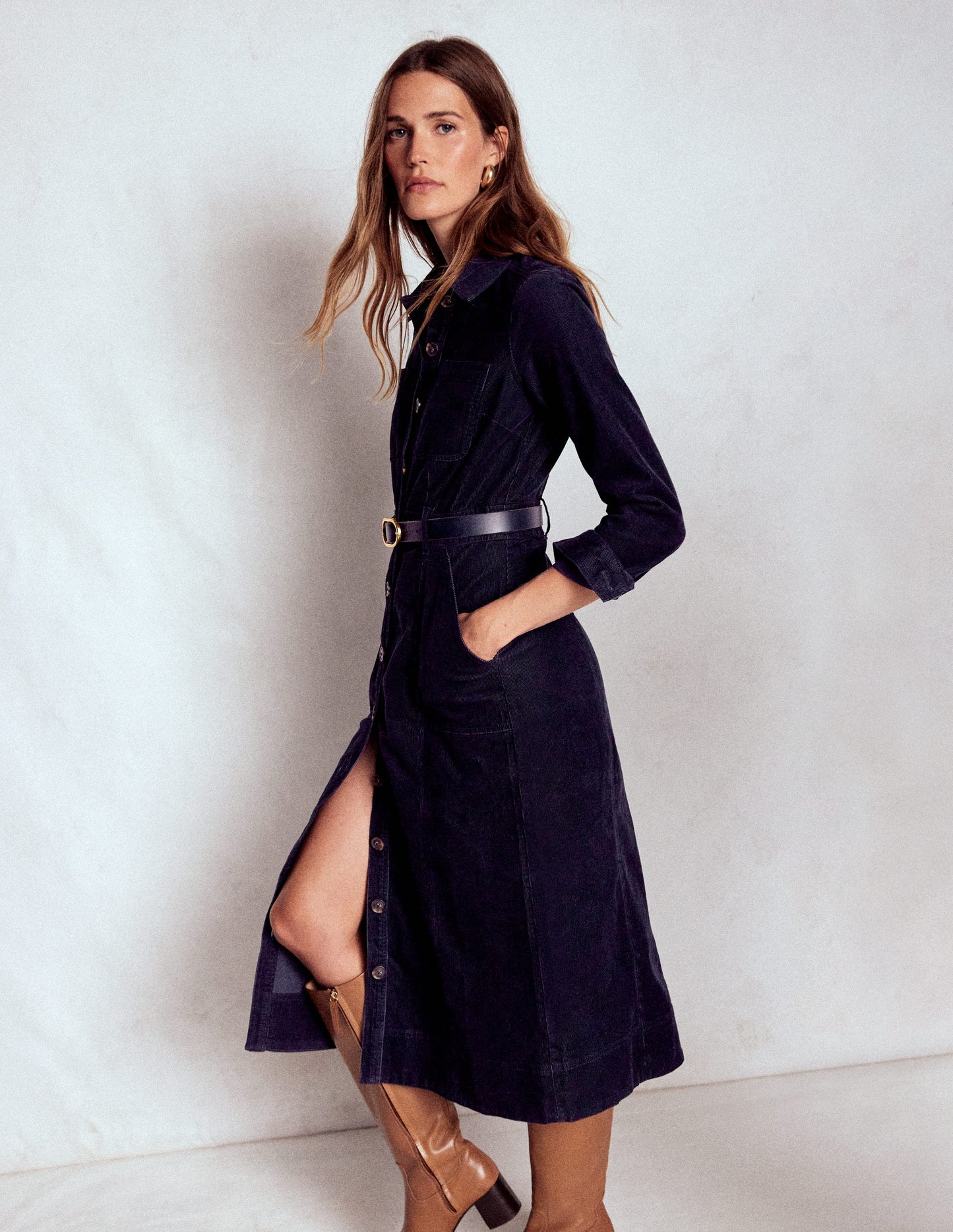Robe midi Amanda en velours côtelé-Bleu marine