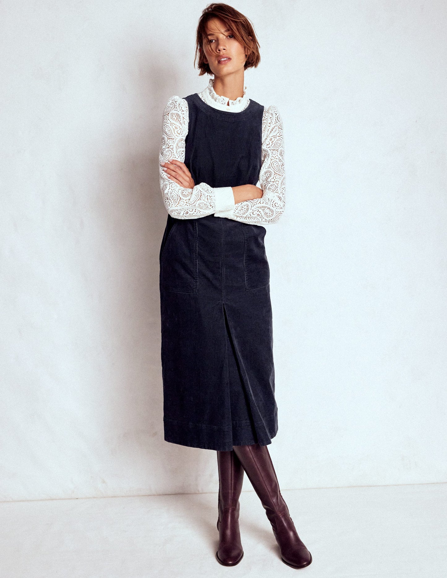 Ula Cord-Midikleid mit Kellerfalte-Mitternachtsblau