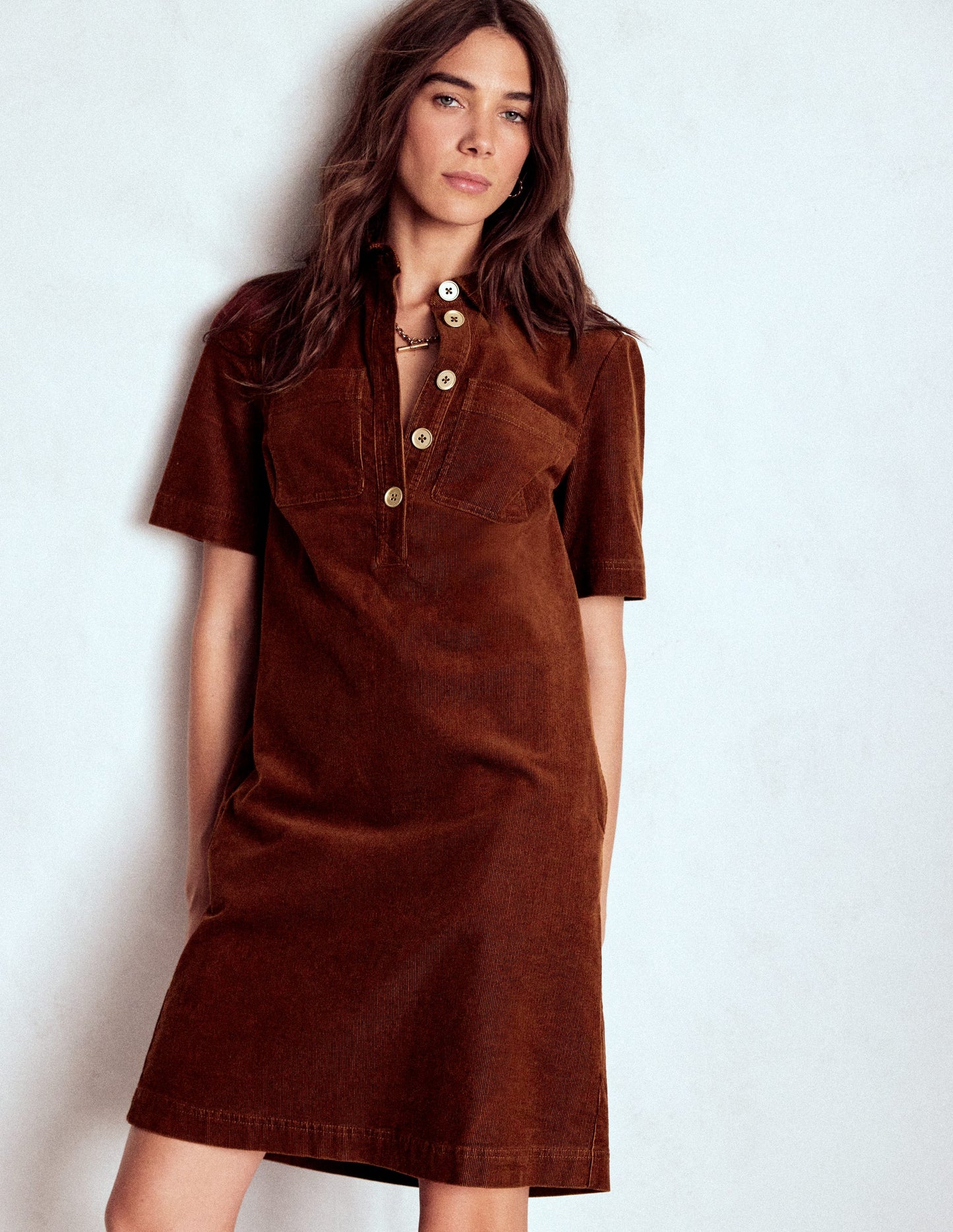 Zia Cord-Hemdblusenkleid mit Tasche-Kupferbraun