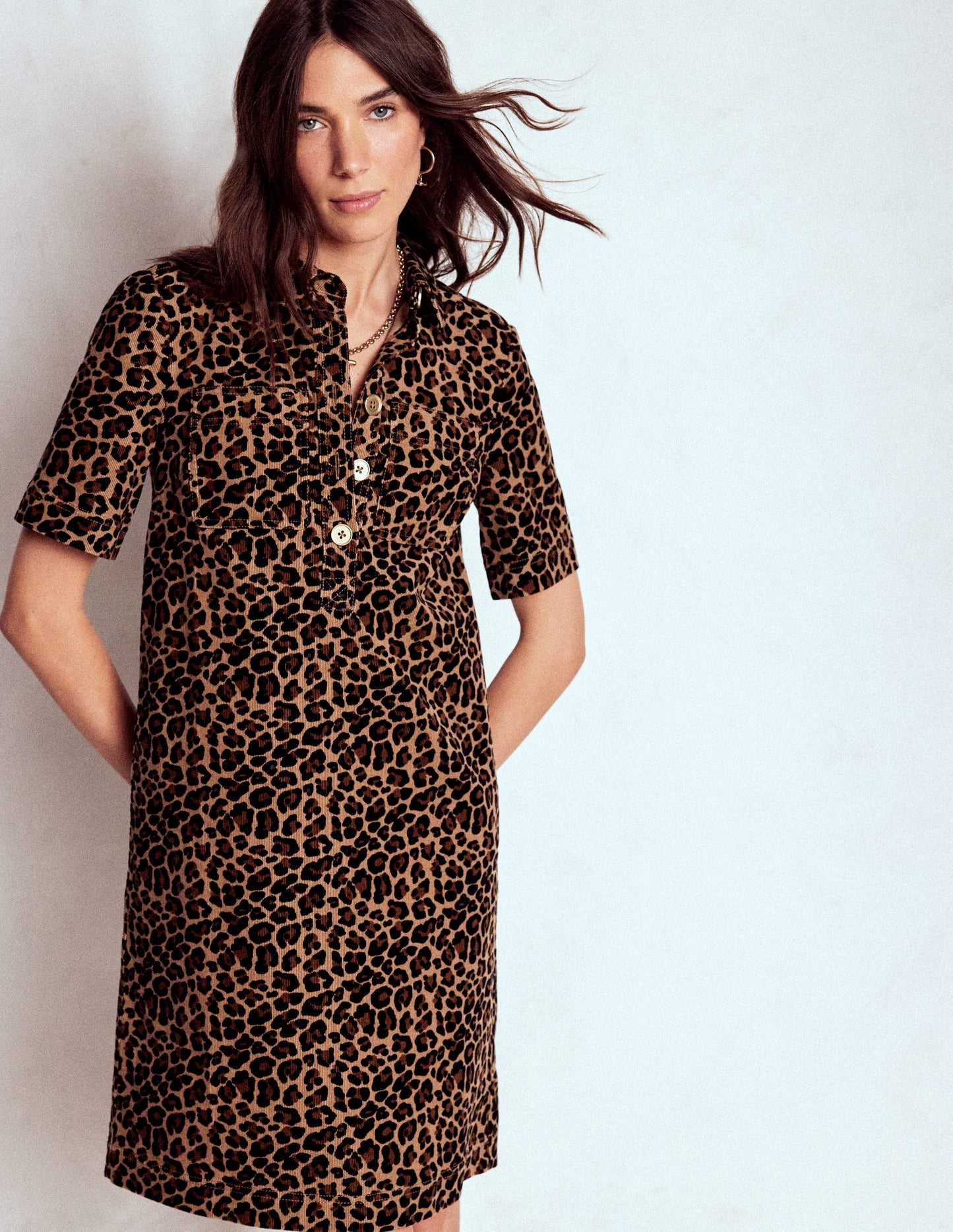 Zia Cord-Hemdblusenkleid mit Tasche-Bunt, Gepard-Pop