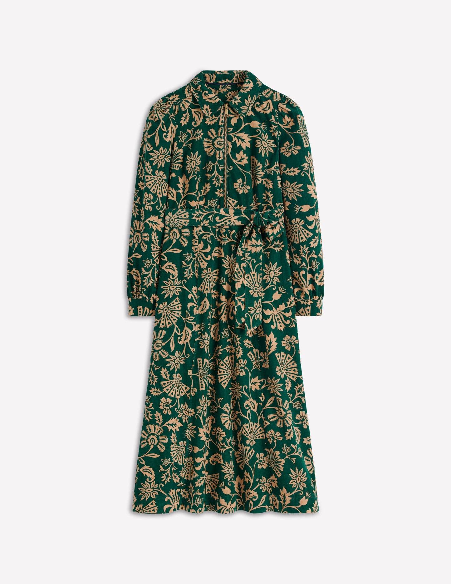 Robe midi Adelaide à zip en velours côtelé-Émeraude nocturne, motif Elaborate Vine